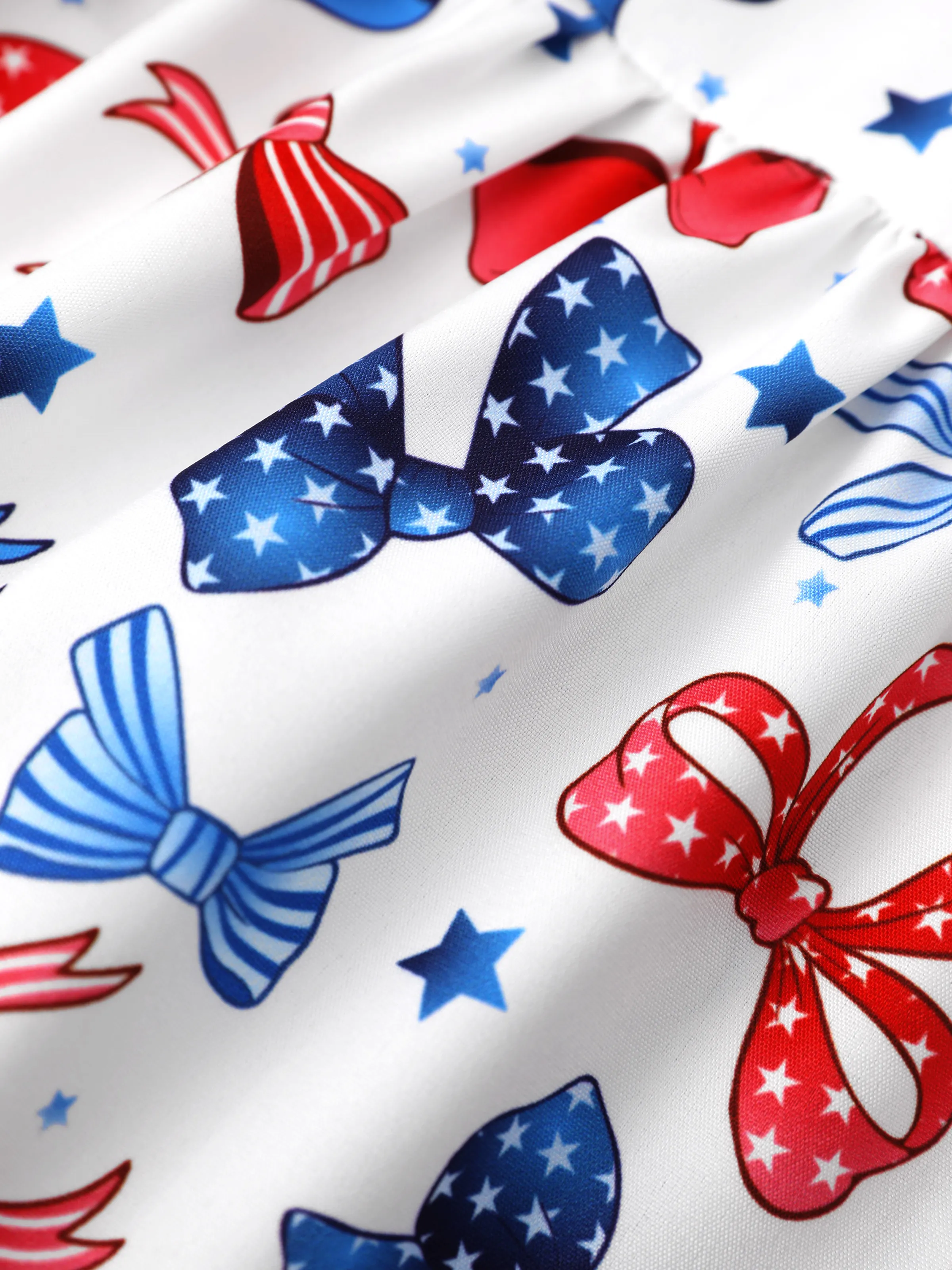 Independence Day Toddler Girls Patriotic Bow Print Smocking Dress White