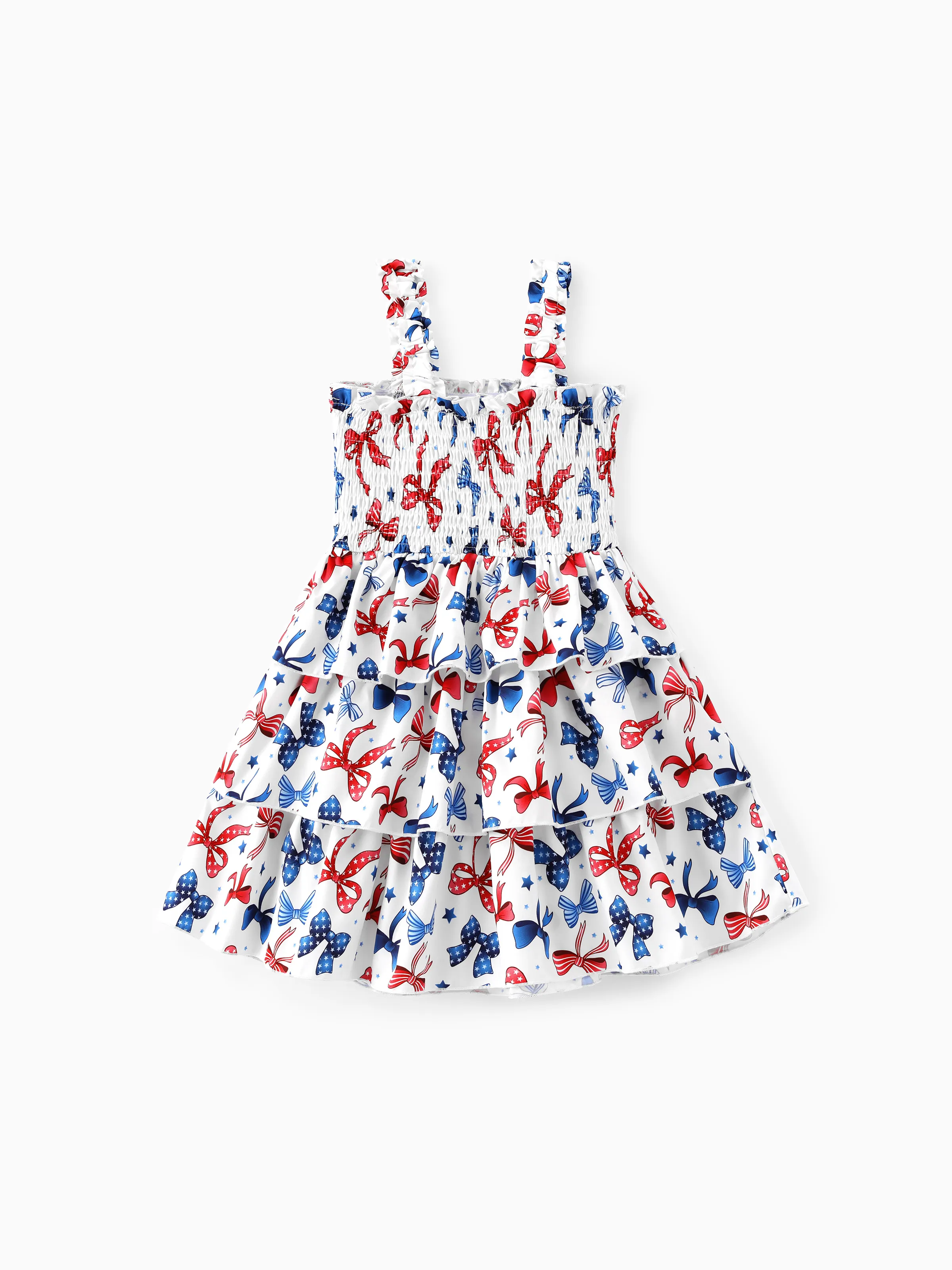 Independence Day Toddler Girls Patriotic Bow Print Smocking Dress White