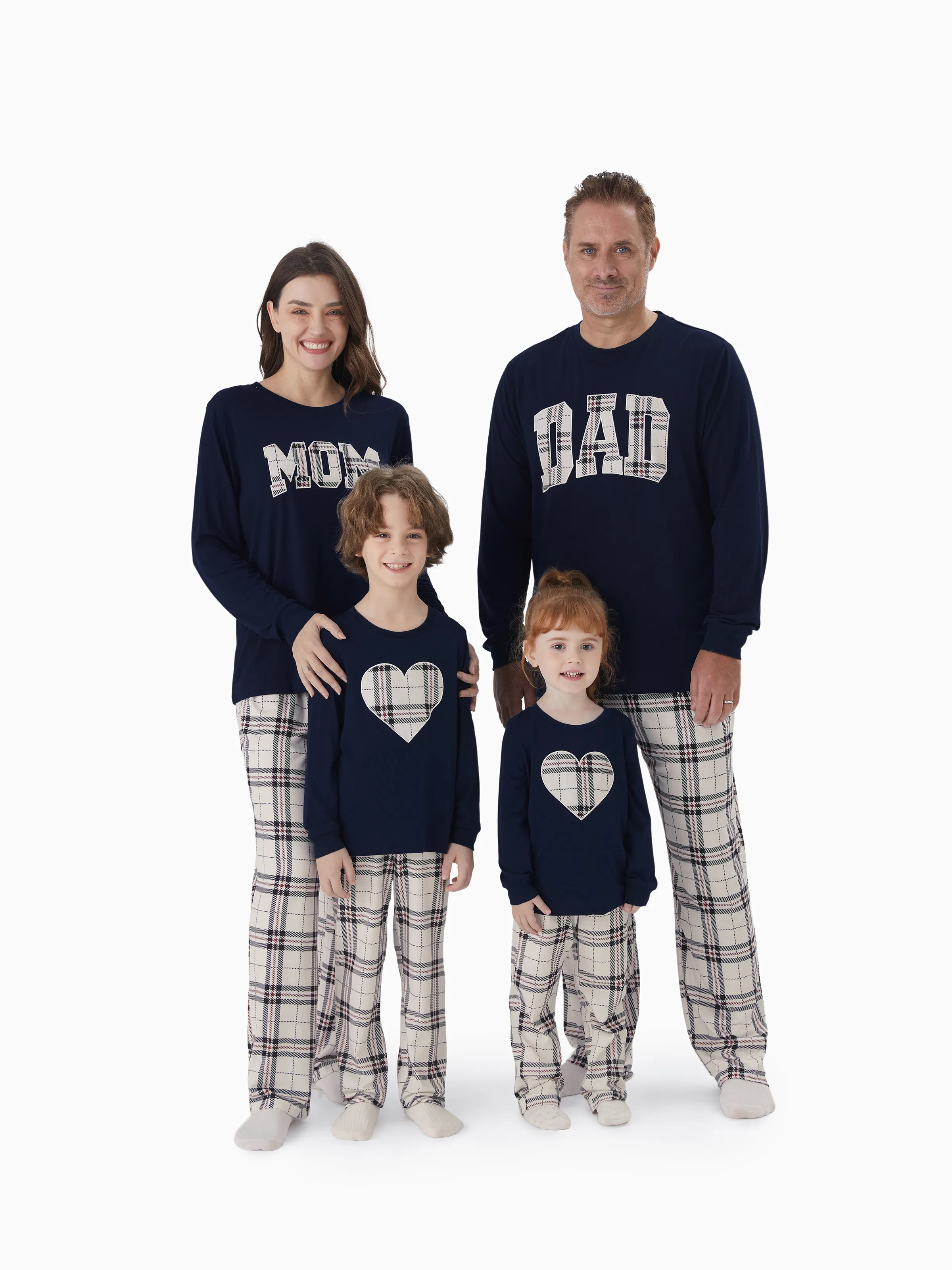 Family Matching School Grid Letter Print Patch Long Sleeve Pajamas Sets Blue