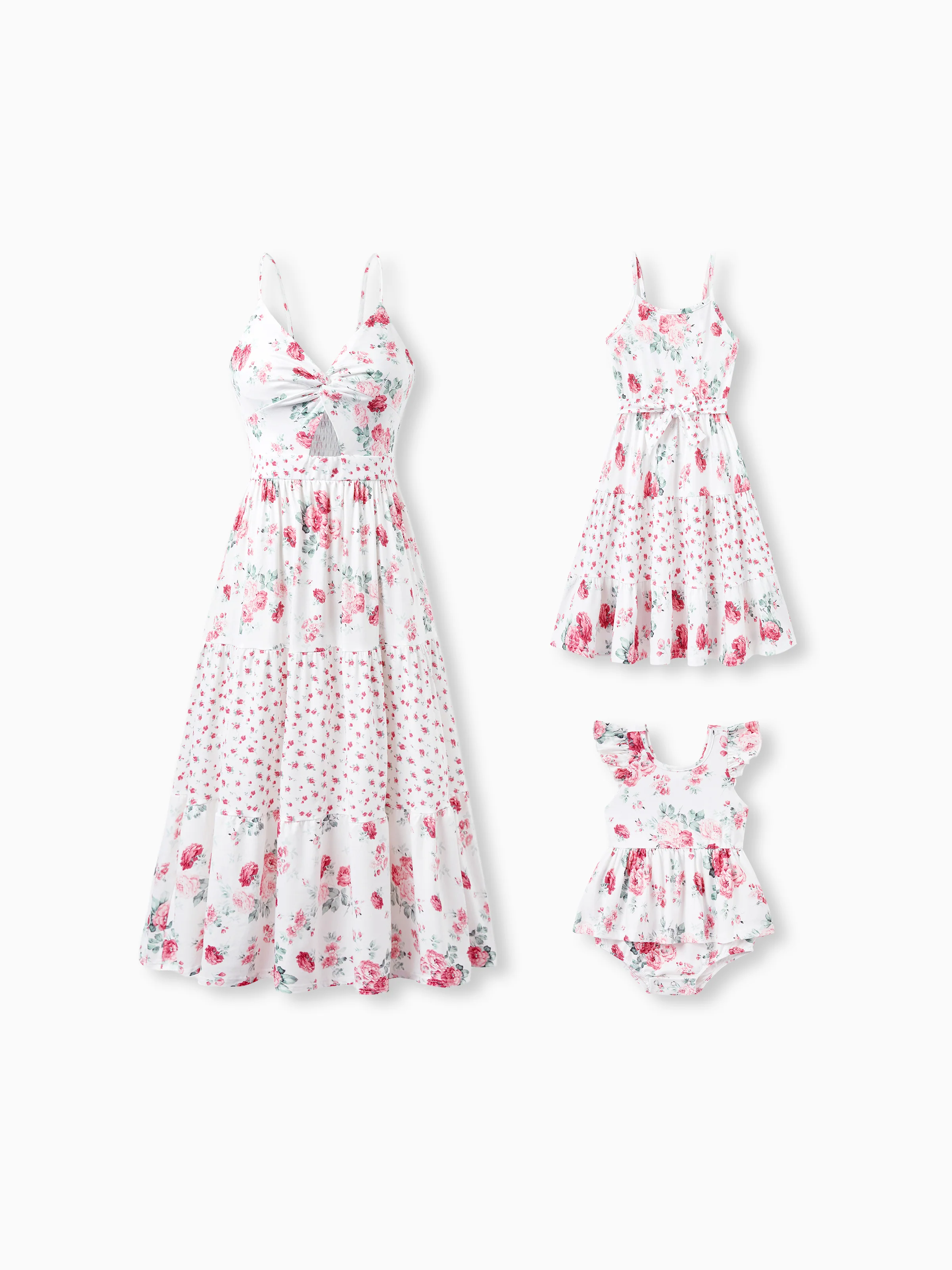 Mommy and Me Family Matching Outfits Set Solid Color Short-sleeve Polo Collar Shirt or Flower Print Hollow out Dress  Pink