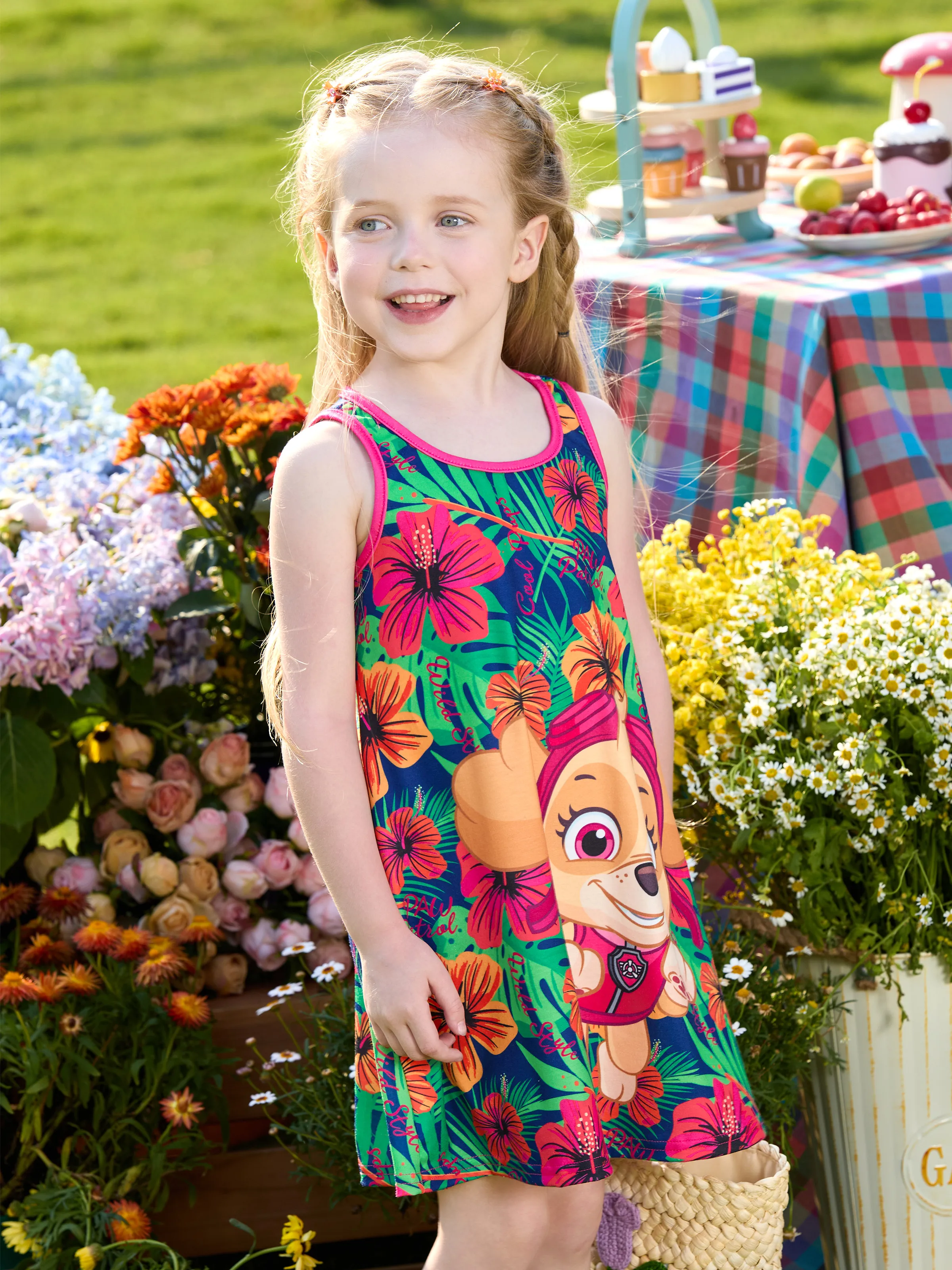 PAW Patrol Toddlers Girl 1pc Skye Tropical Plant Sleeveless Dresse Hot Pink