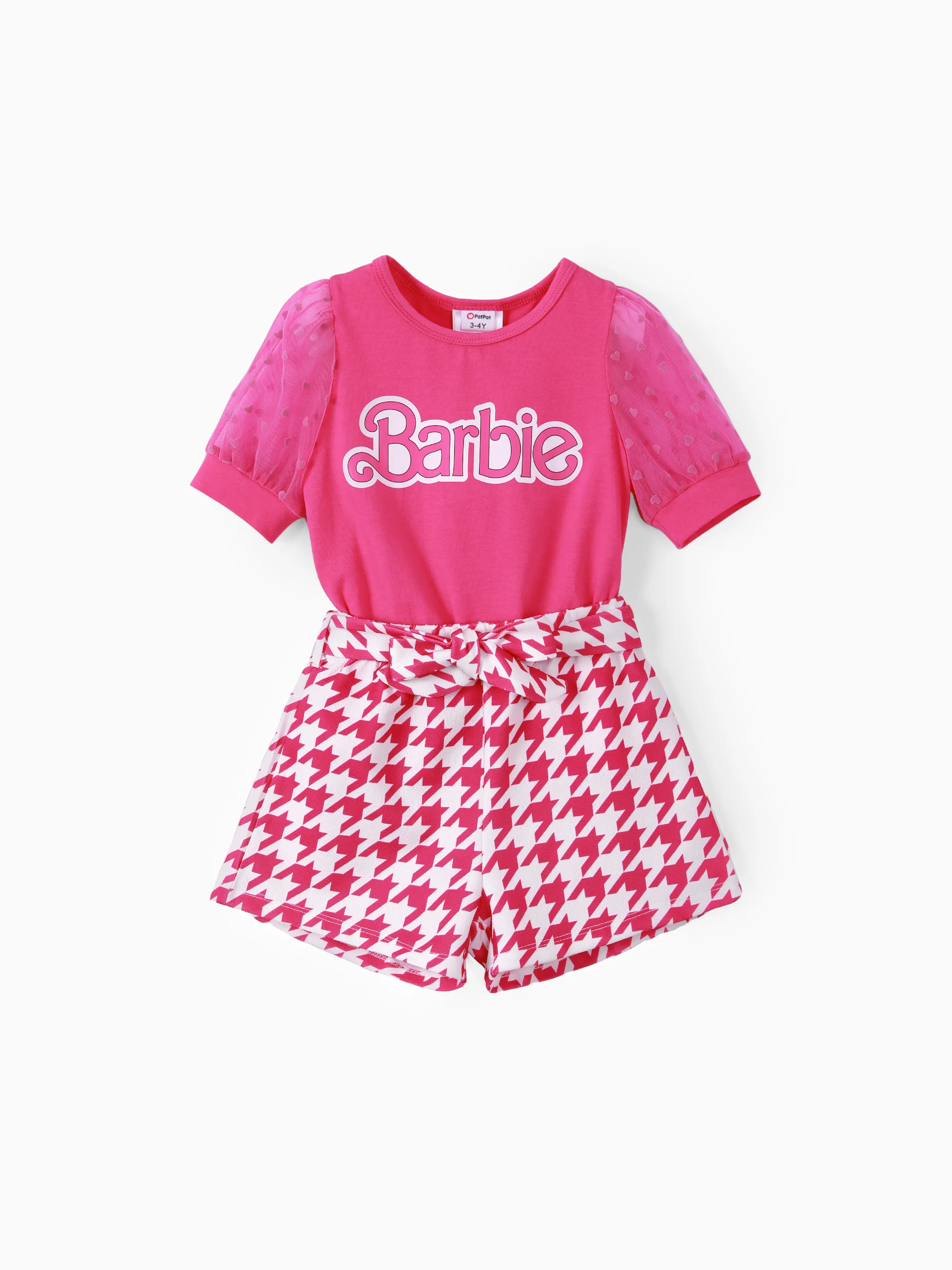 Barbie Toddler/Kid Girl 2pcs Plaid Puff-sleeve Bowknot Set PinkyWhite
