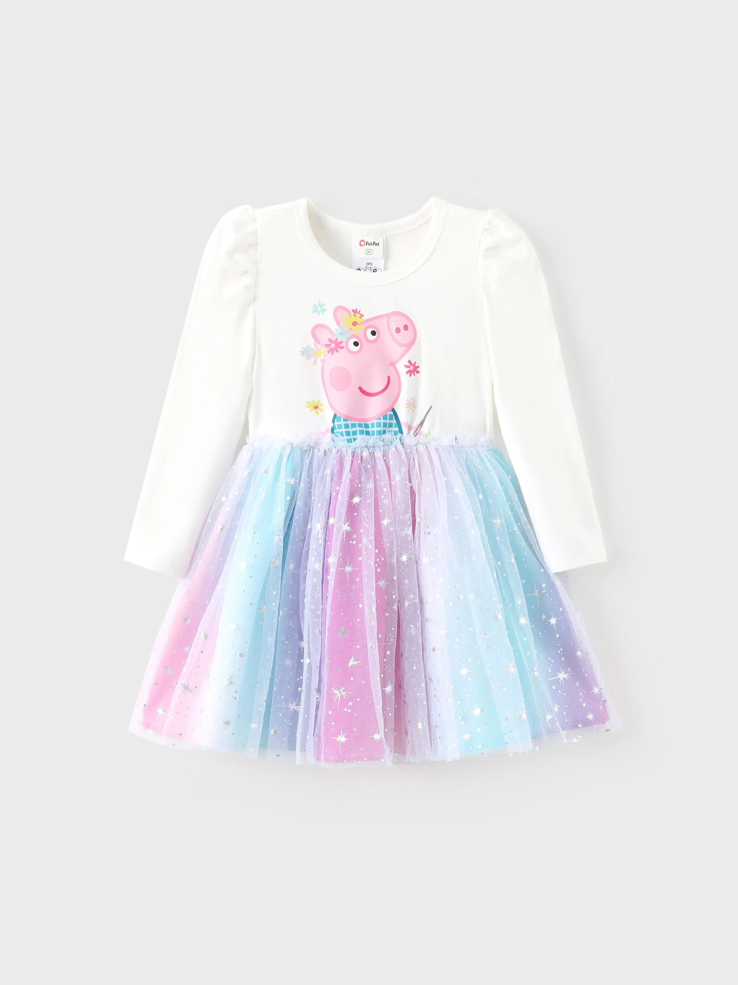 Peppa Pig Toddler Girl Peppa Pattern Long Sleeve Cotton Dress White