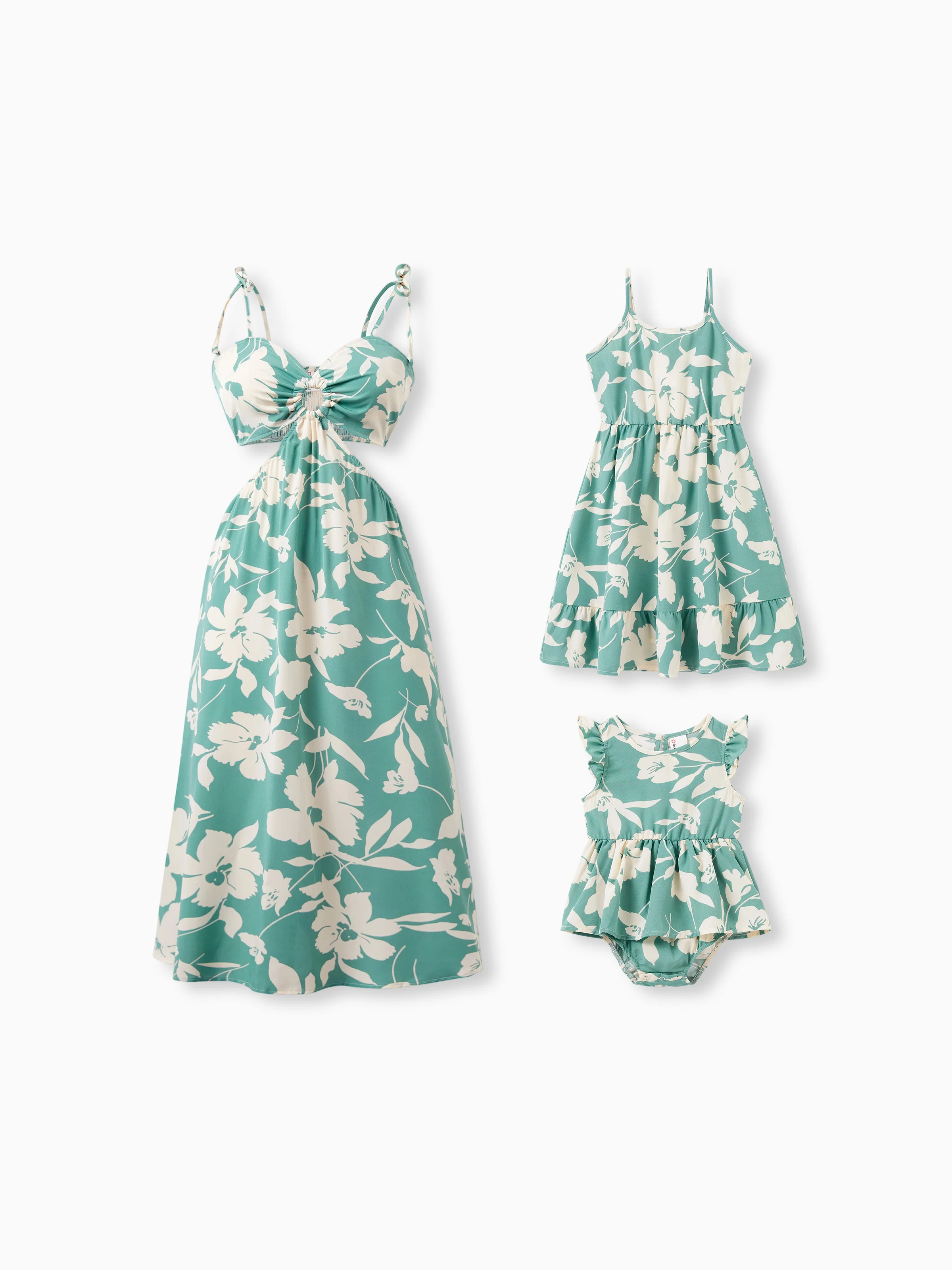 11290-mommy-me-leaf-print-green-sling-shirred-dress-set-green-1.webp Mommy & me Leaf Print Green Sling Shirred Dress Set Green