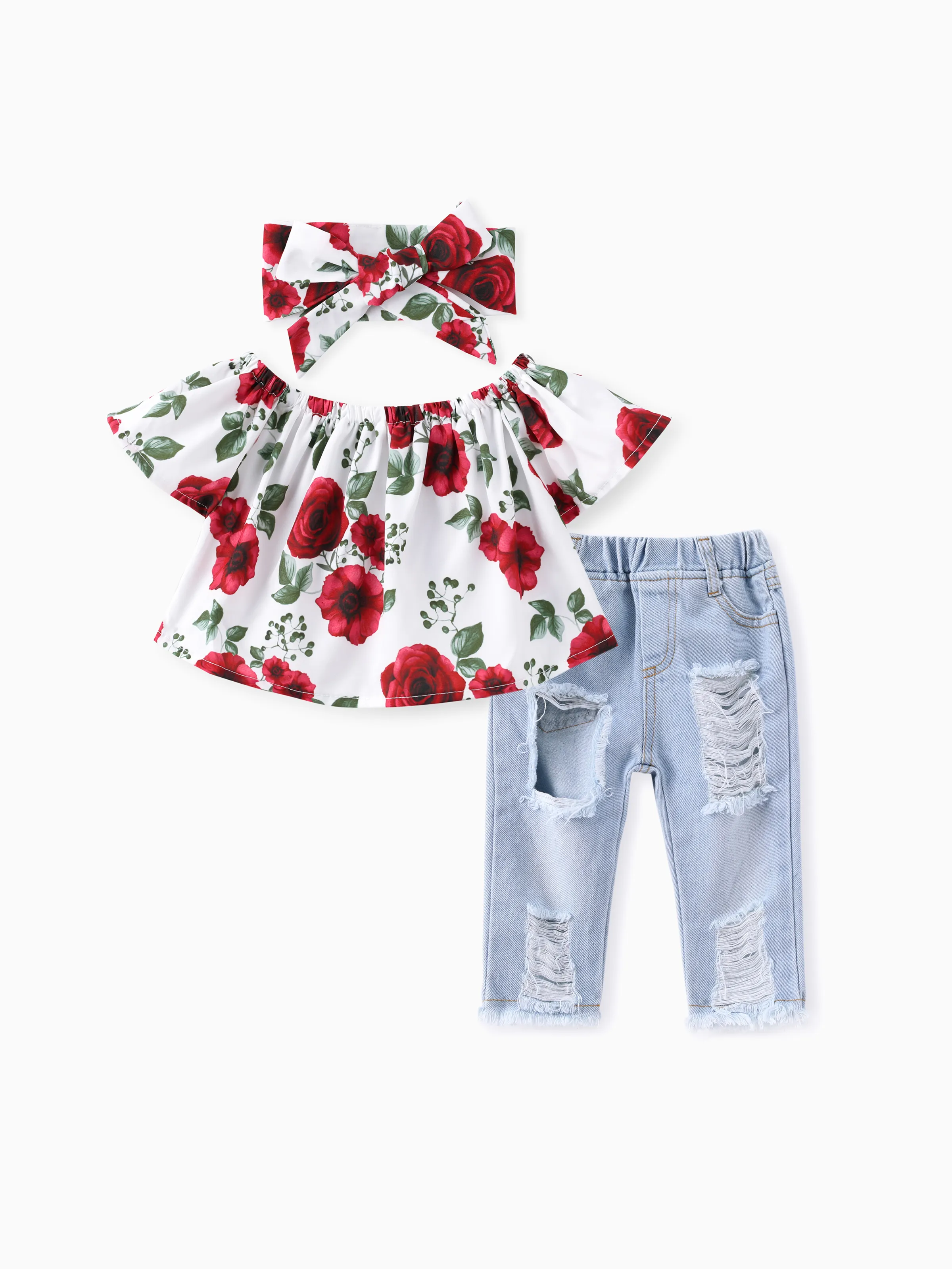 Baby Girl 3pcs Sweet Off-Shoulder Tee and Denim Jeans and Heandband Set Red