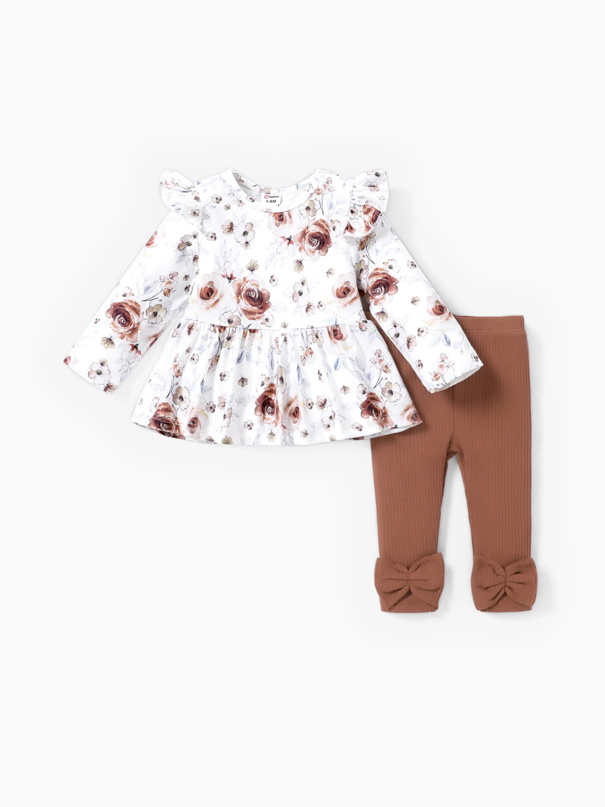 Baby Girl Clothes 2PCS Sweet Big Flower Flutter Sleeve Set
 Brown