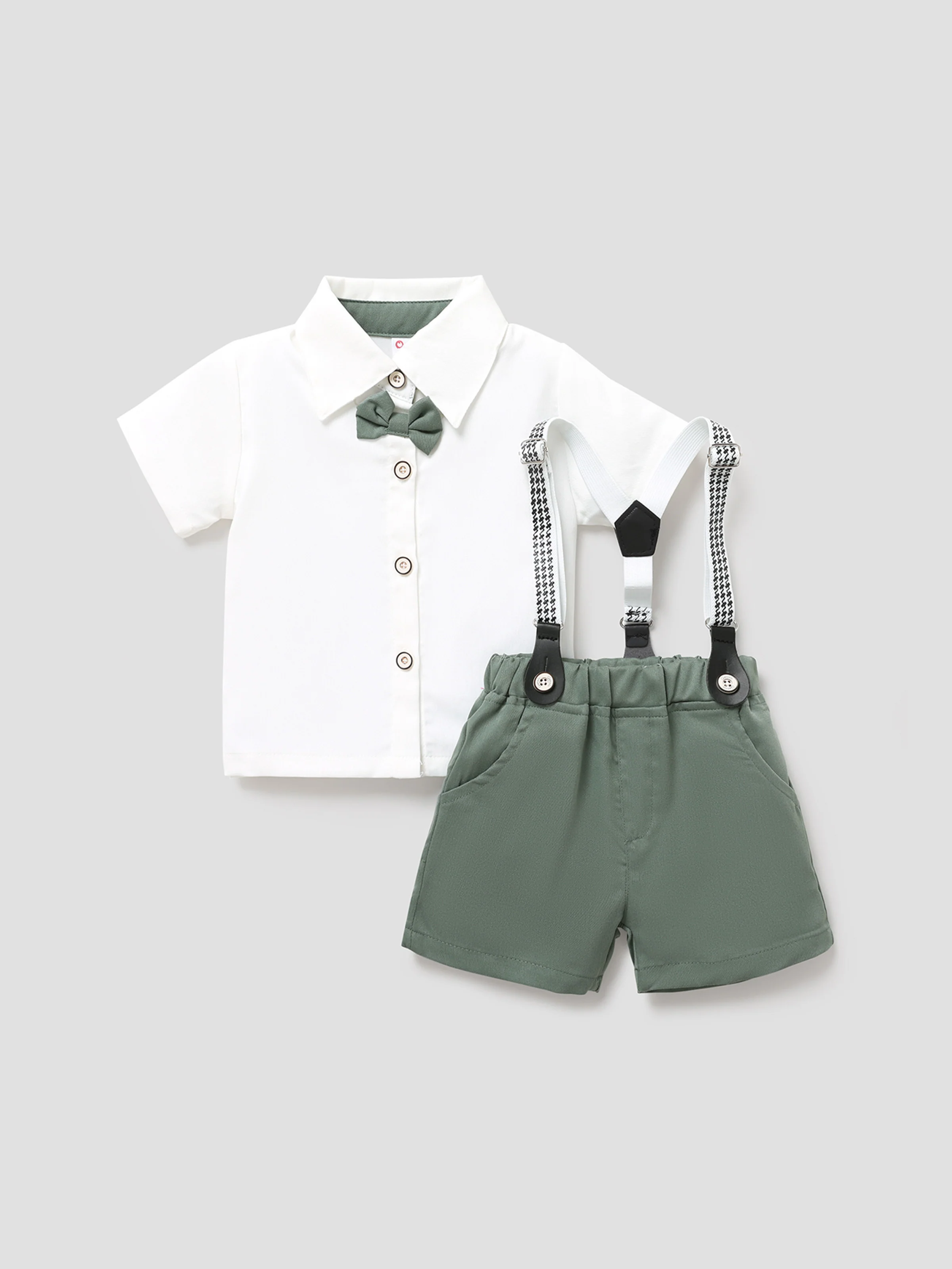 Baby Boy Party Gentle Bow Tie Shirt and Suspender Shorts Set White