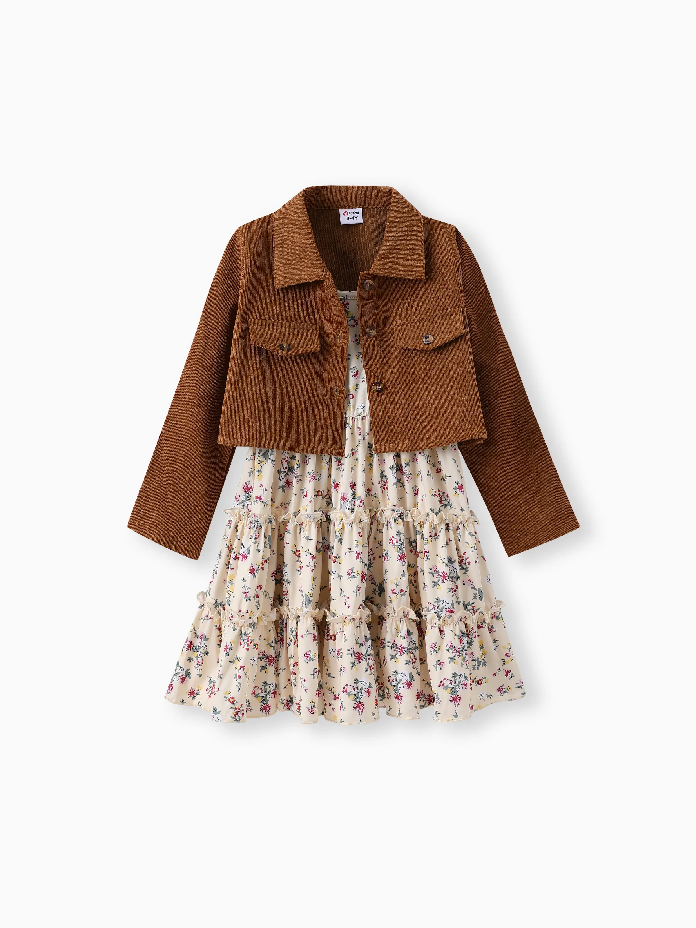 Toddler Girl 2pcs Lapel Collar Jacket and Floral Ruffled Dress Set Khaki