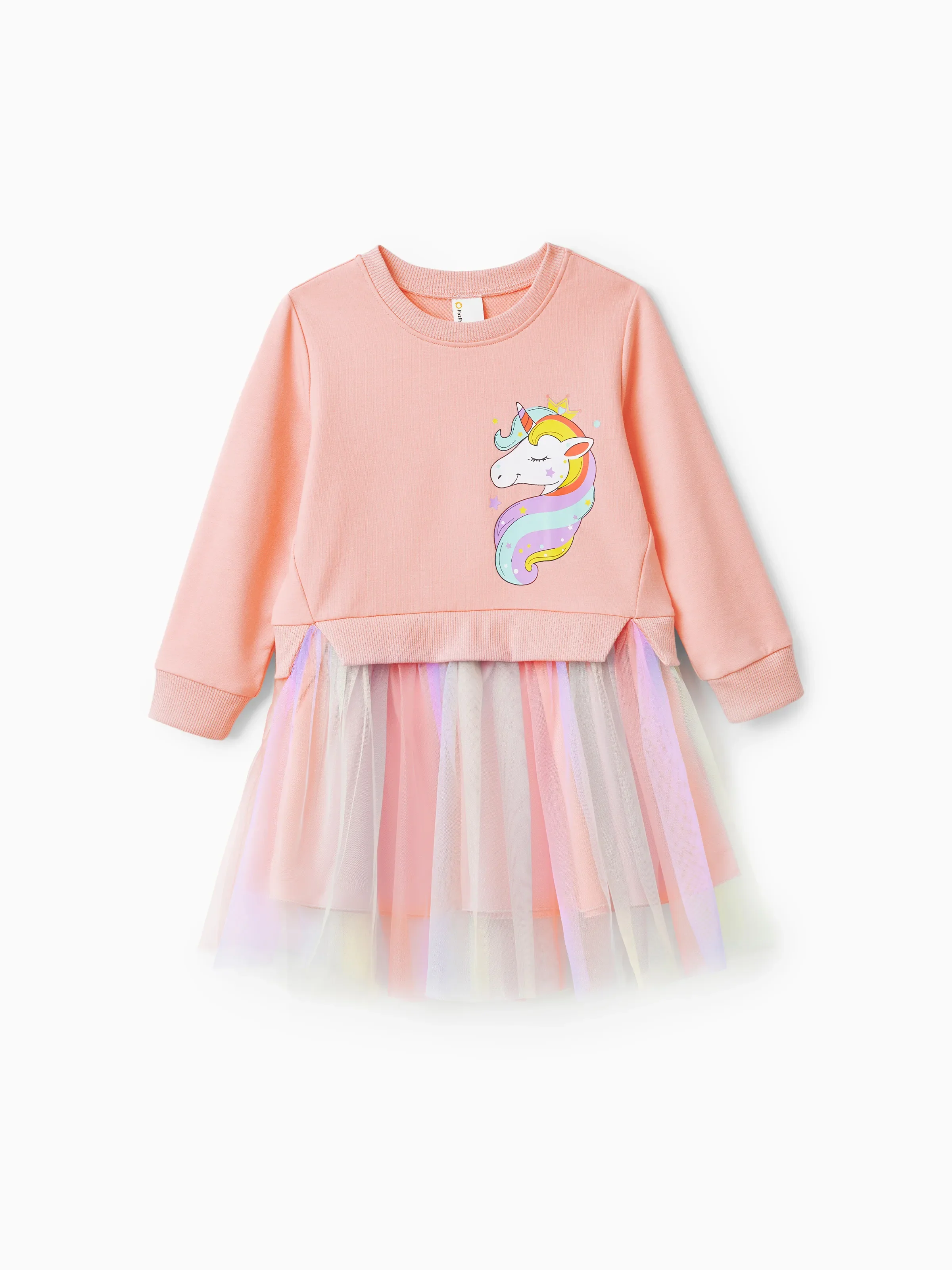 Toddler Girl Sweet Faux-two Unicorn Print Mesh Splice Fairy Dress Pink