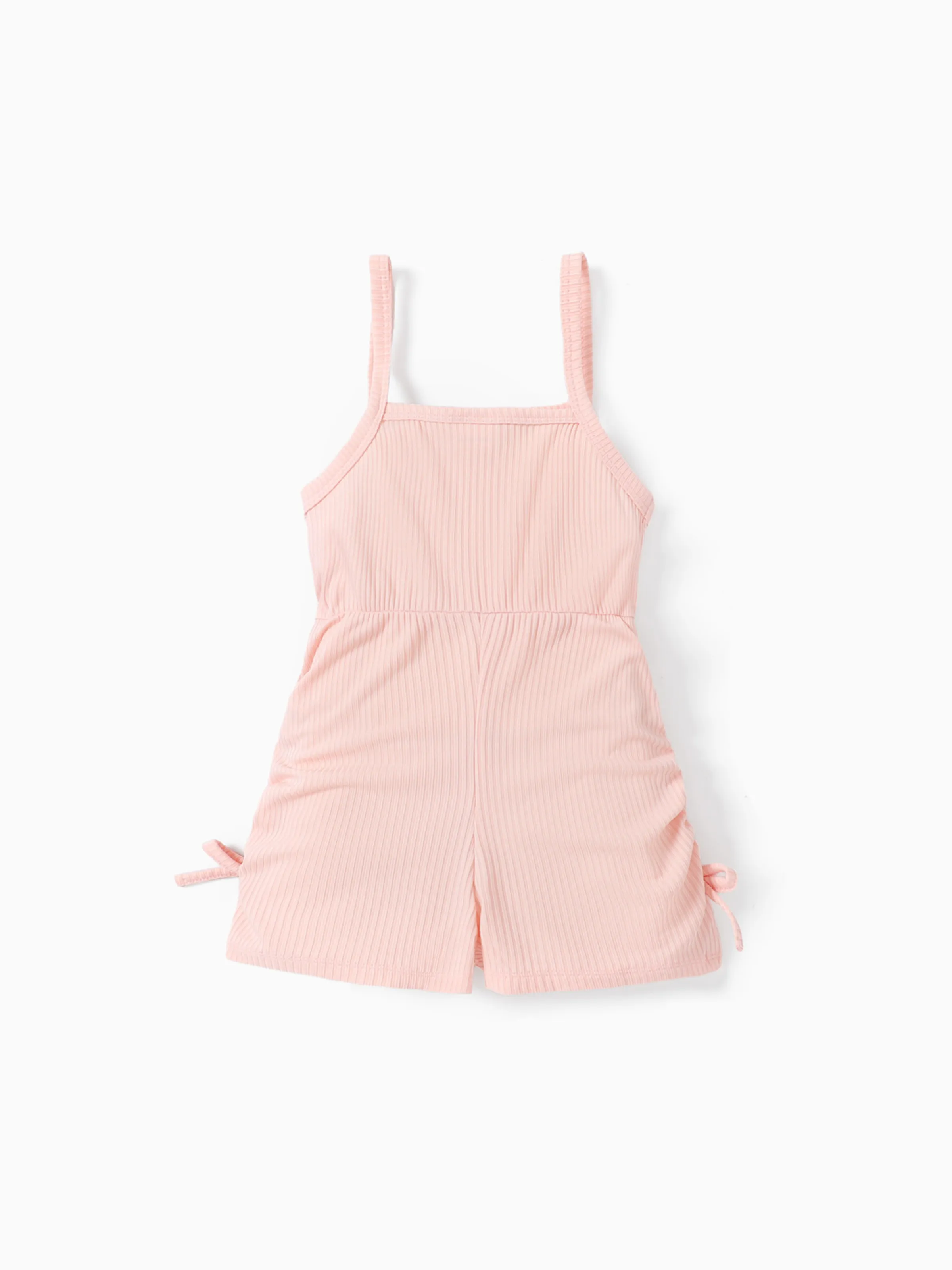 Toddler Girl Letter Print Drawstring Ruched Side Ribbed Cami Romper Pink