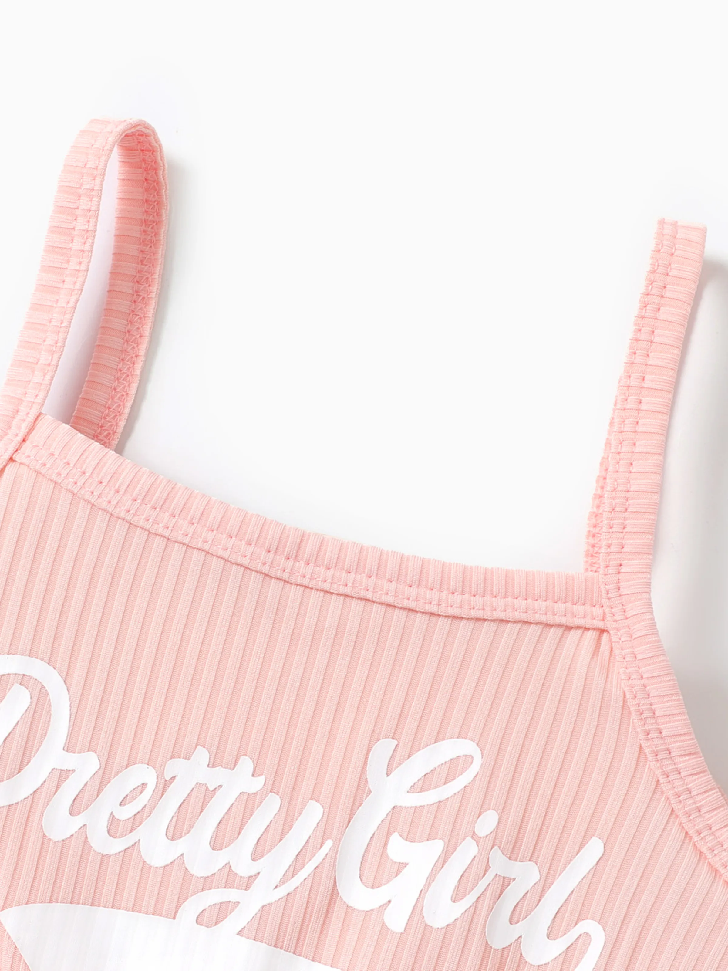 Toddler Girl Letter Print Drawstring Ruched Side Ribbed Cami Romper Pink