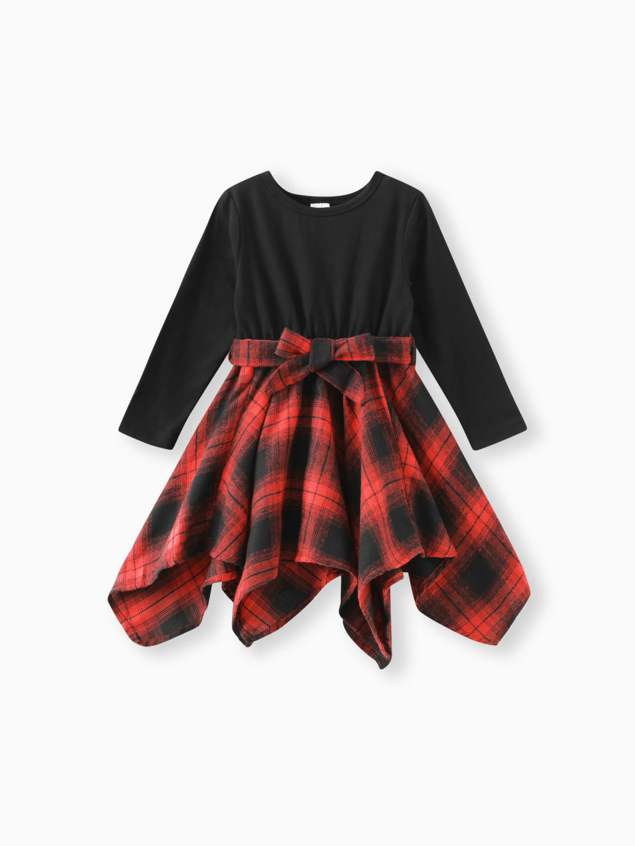 Toddler Girl Plaid Irregular Hem Splice Long-sleeve Dress Black