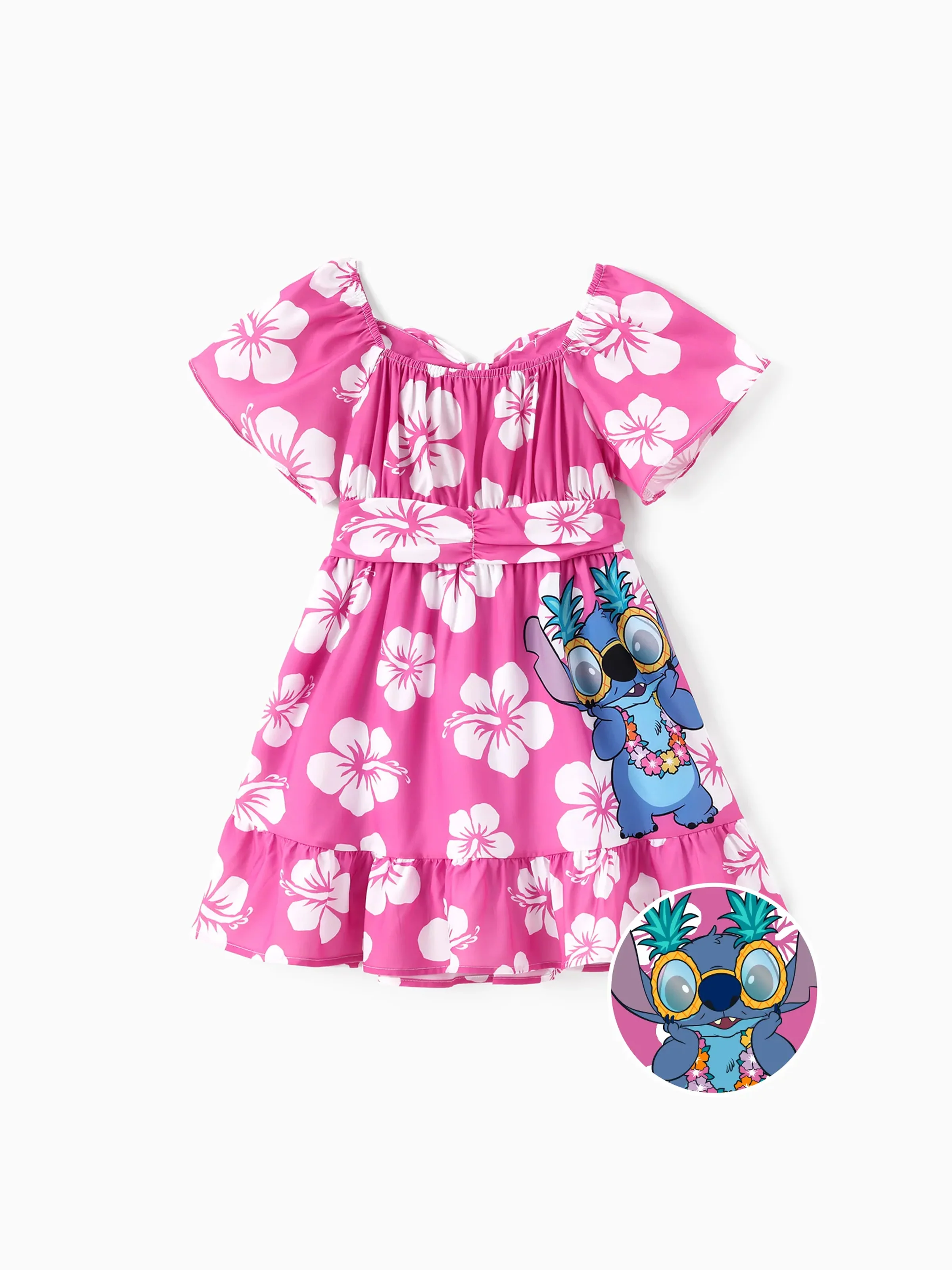 Disney Stitch Kid Girl Floral/Palm Tree Print Ruffled Babydoll Dress Hot Pink