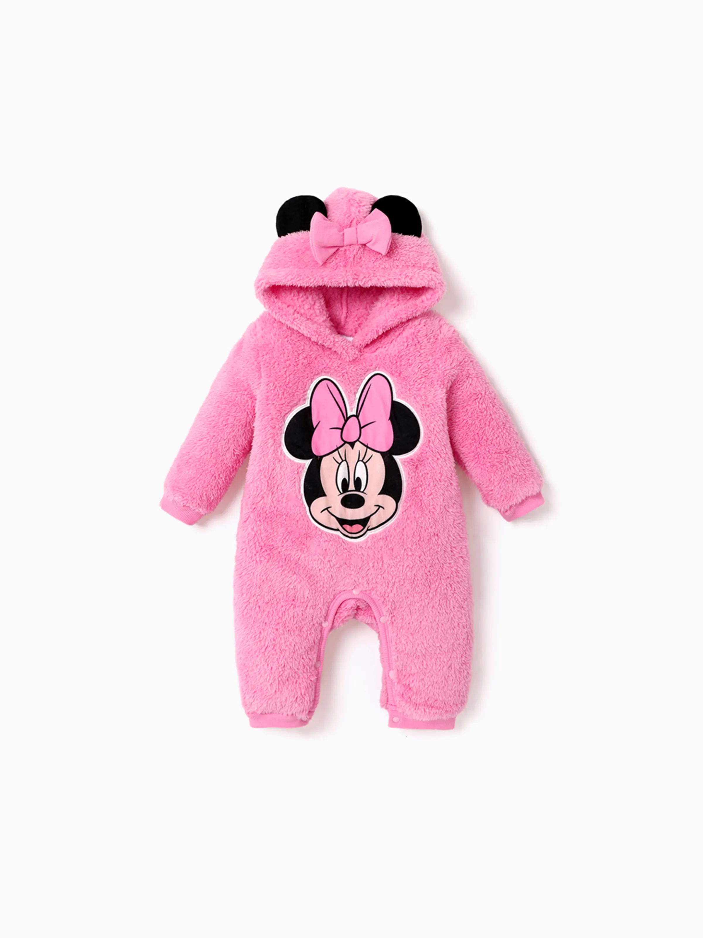 Disney Mickey and Friends Baby Girl Furry Minnie Character Pattern 3D Ears Hooded Romper Pink