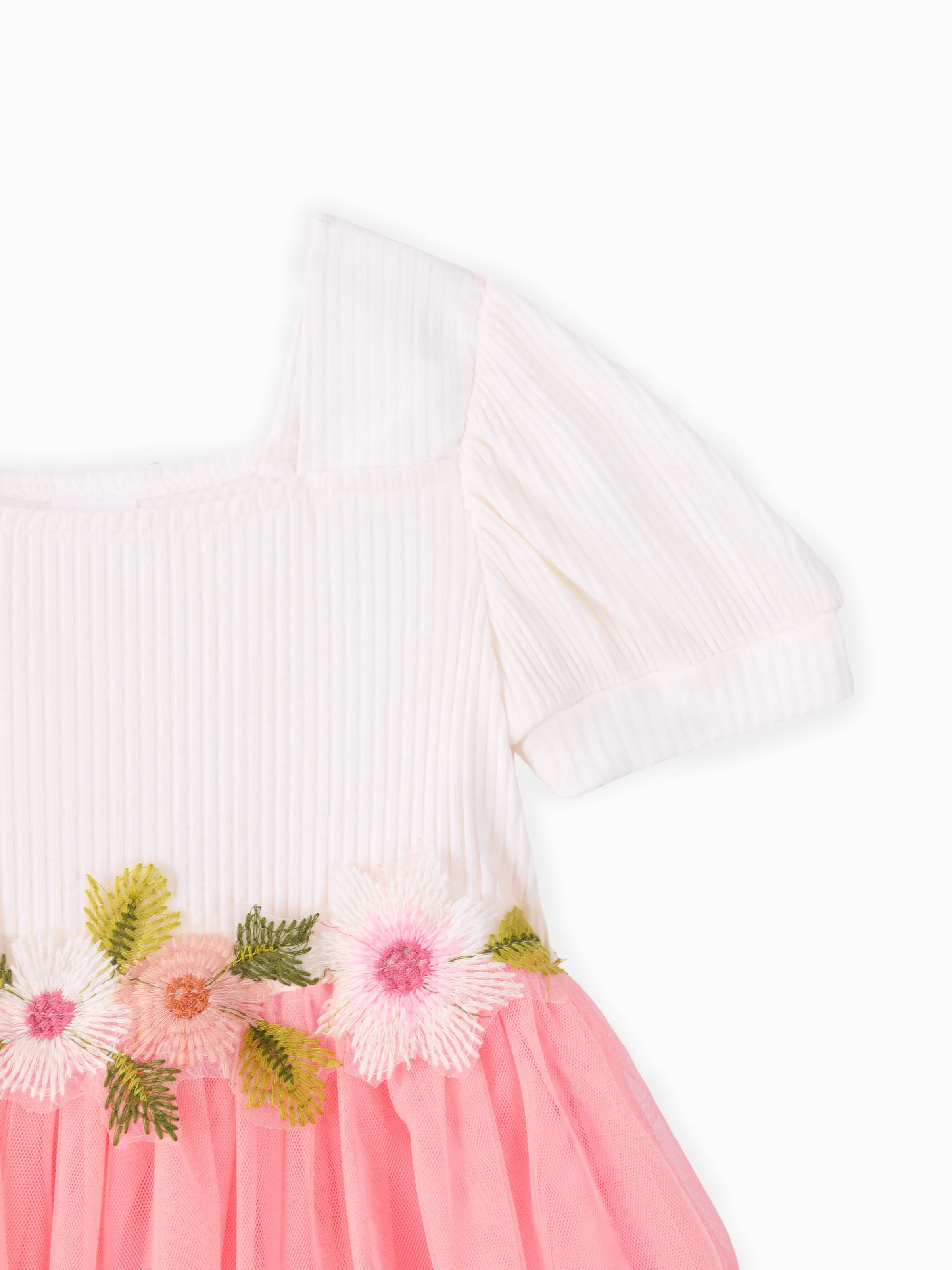 Toddler Girl Sweet Floral Design Mesh Splice Puff-sleeve Dress PinkyWhite
