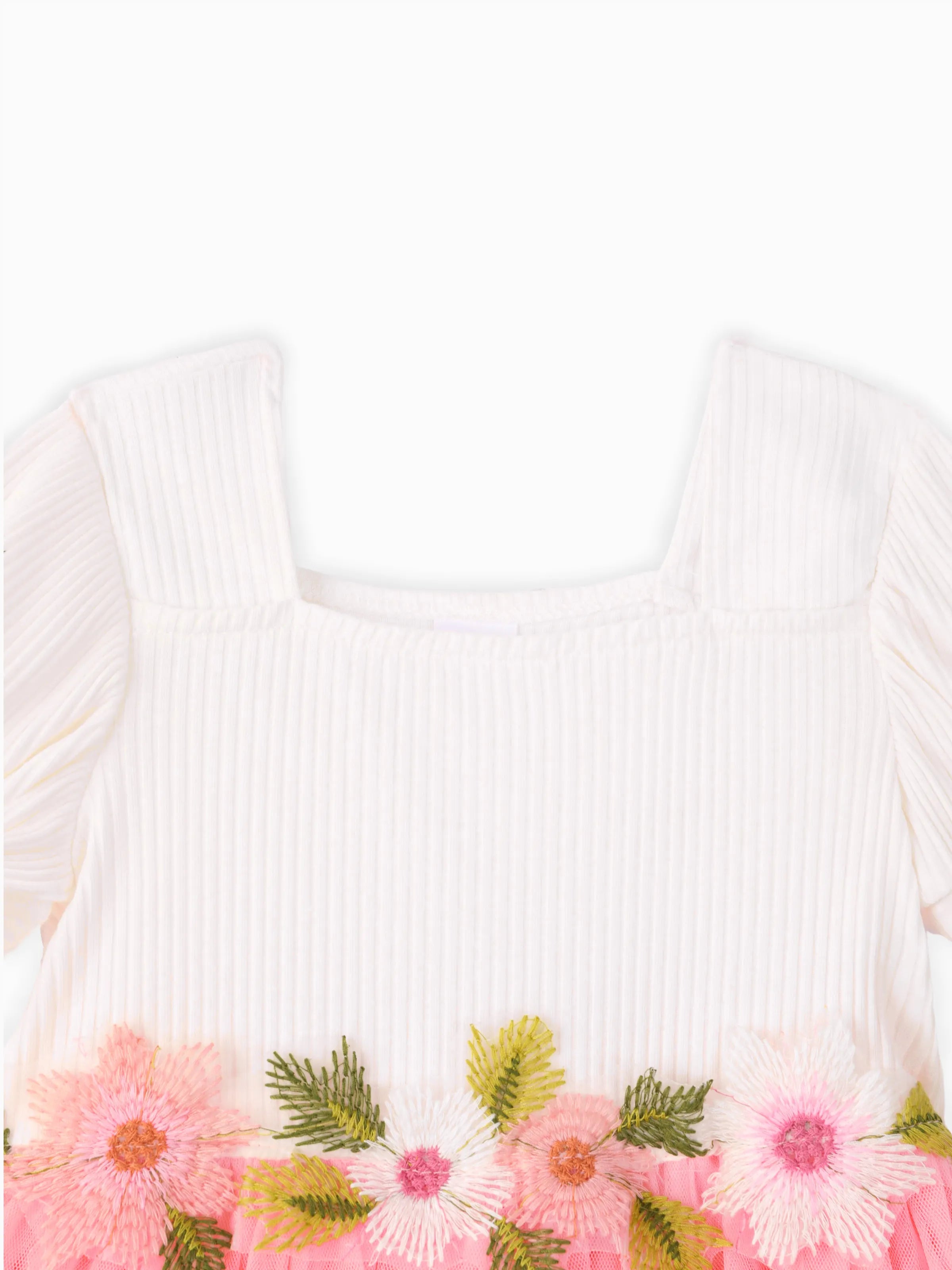 Toddler Girl Sweet Floral Design Mesh Splice Puff-sleeve Dress PinkyWhite
