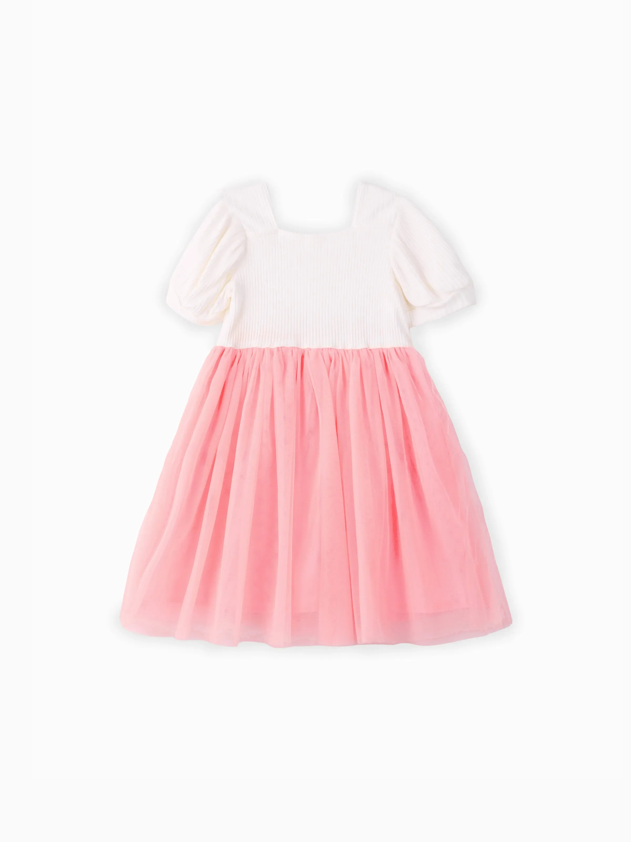 Toddler Girl Sweet Floral Design Mesh Splice Puff-sleeve Dress PinkyWhite