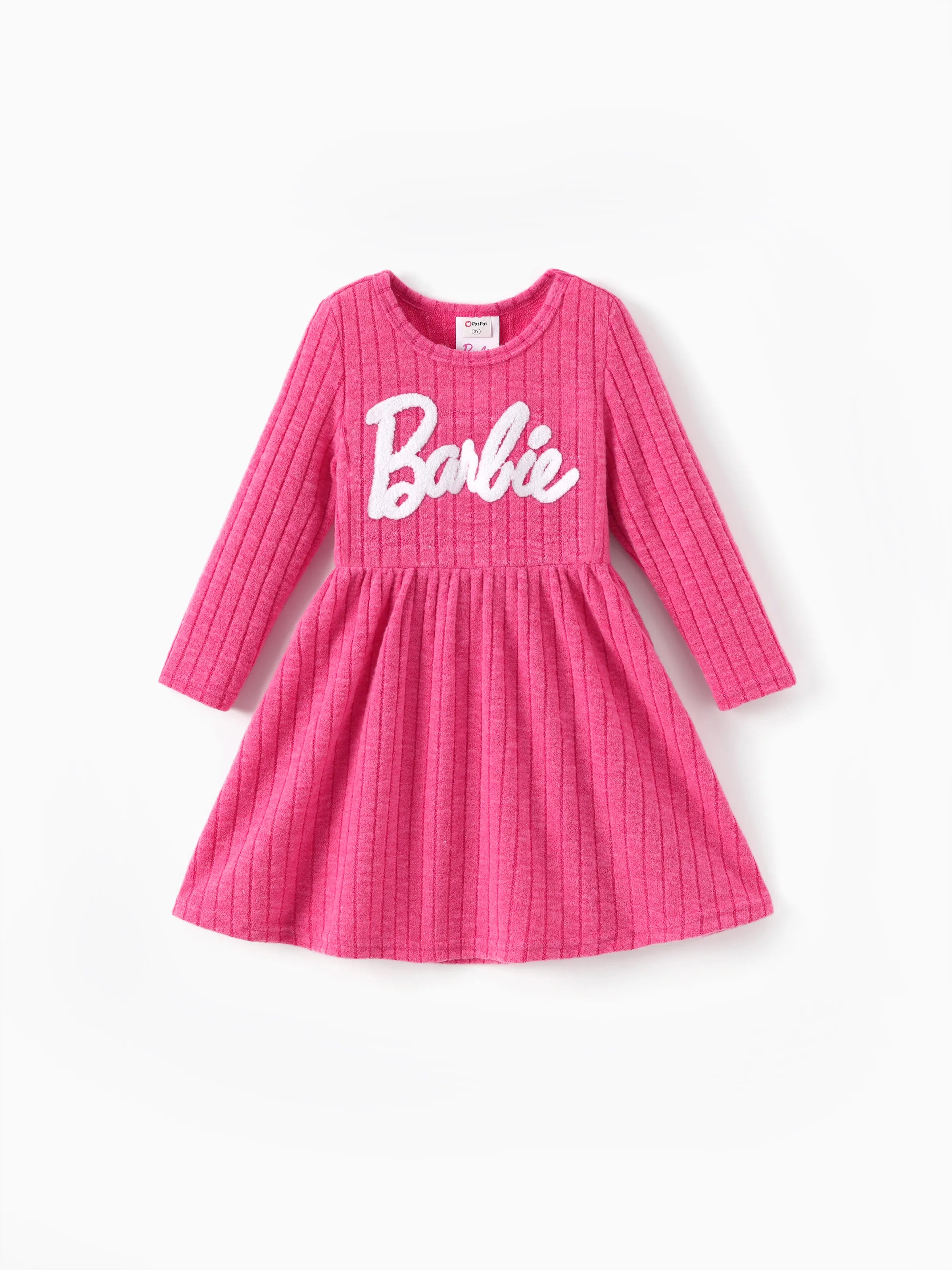 Barbie Toddler/Kids Girl Ribbed Knit Fabric Terry Embroidery Dress Hot Pink