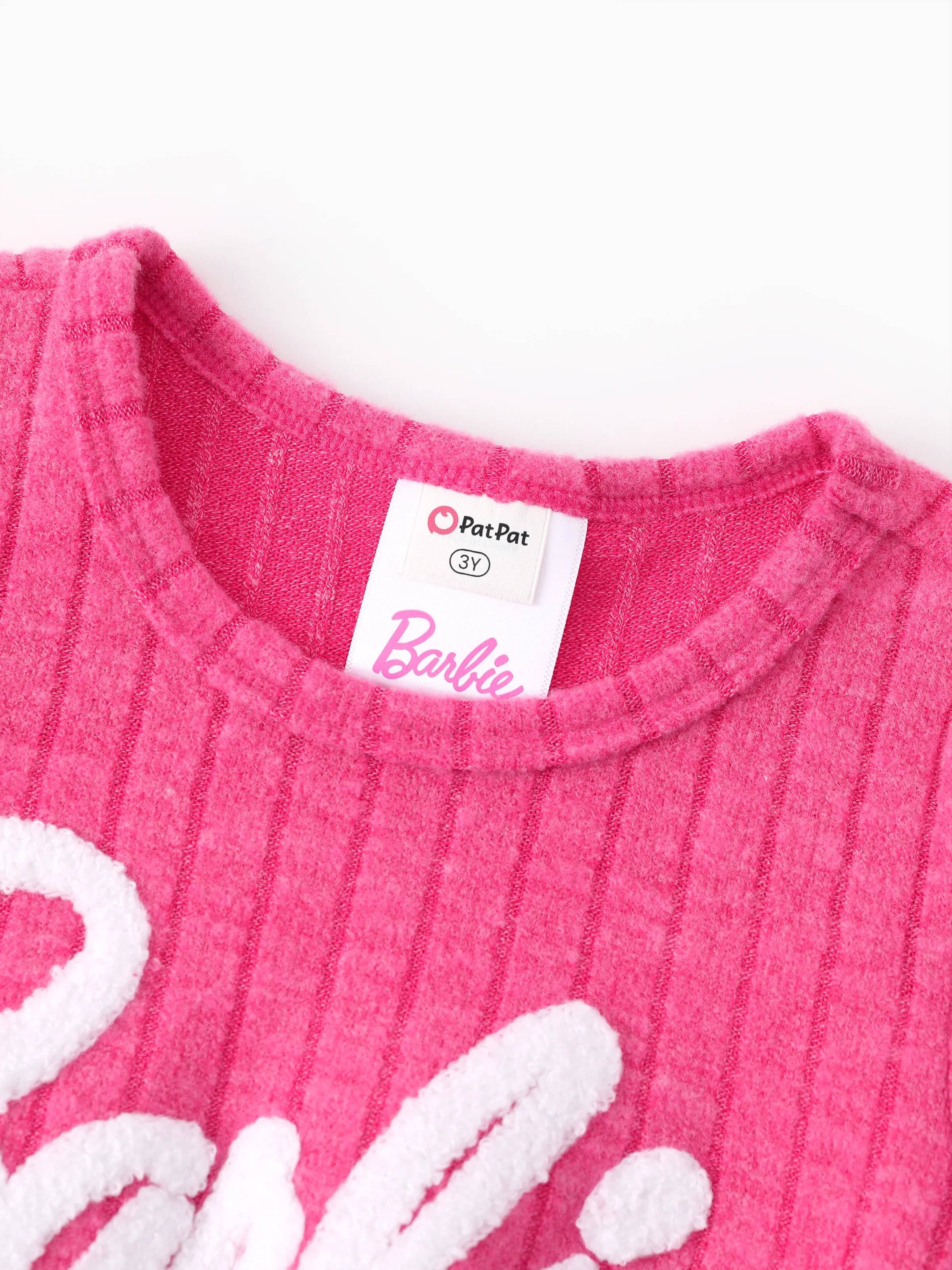 Barbie Toddler/Kids Girl Ribbed Knit Fabric Terry Embroidery Dress Hot Pink