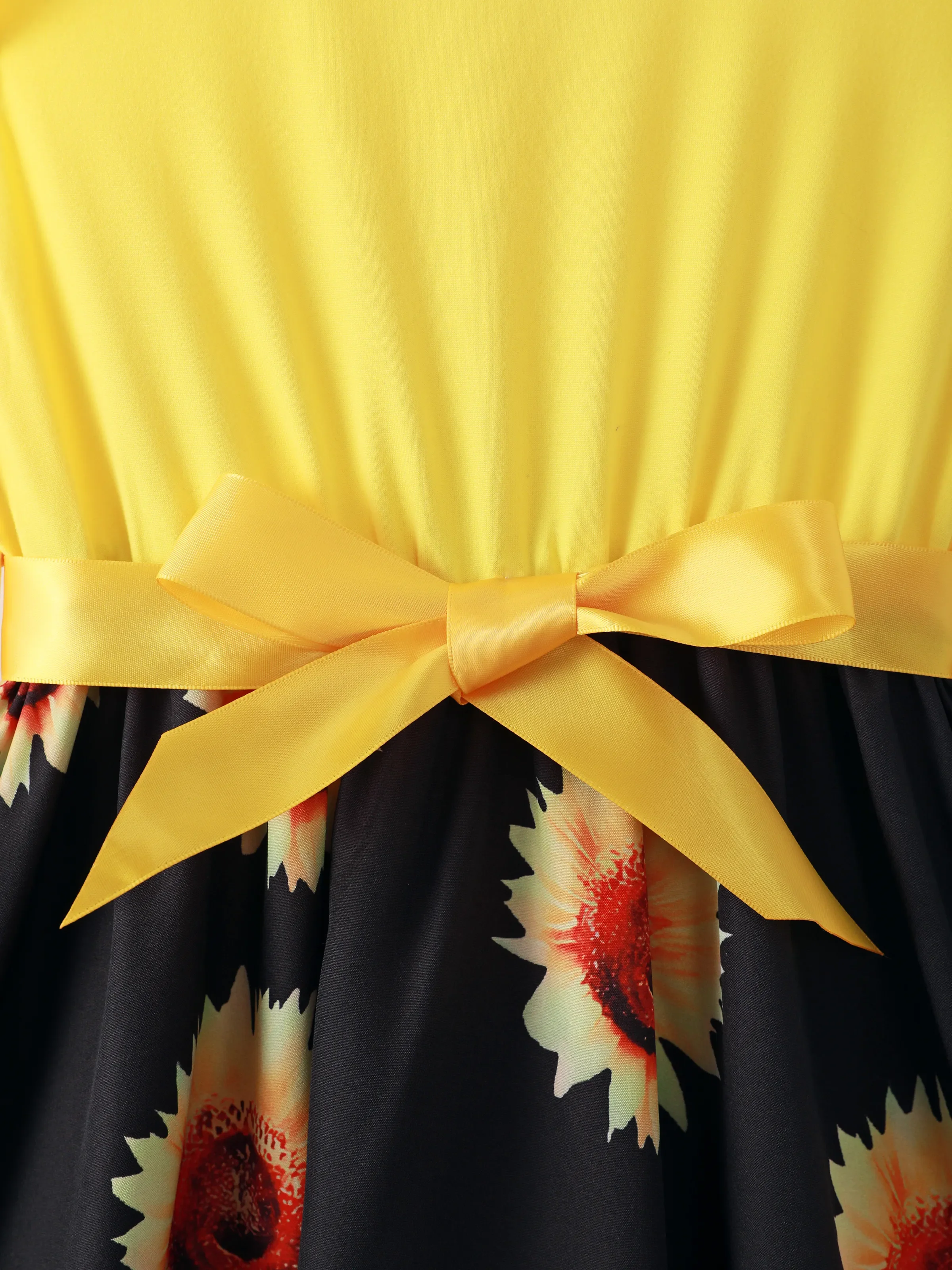 Kid Girl Floral Print Splice Belted Flutter-sleeve Dress Yellow