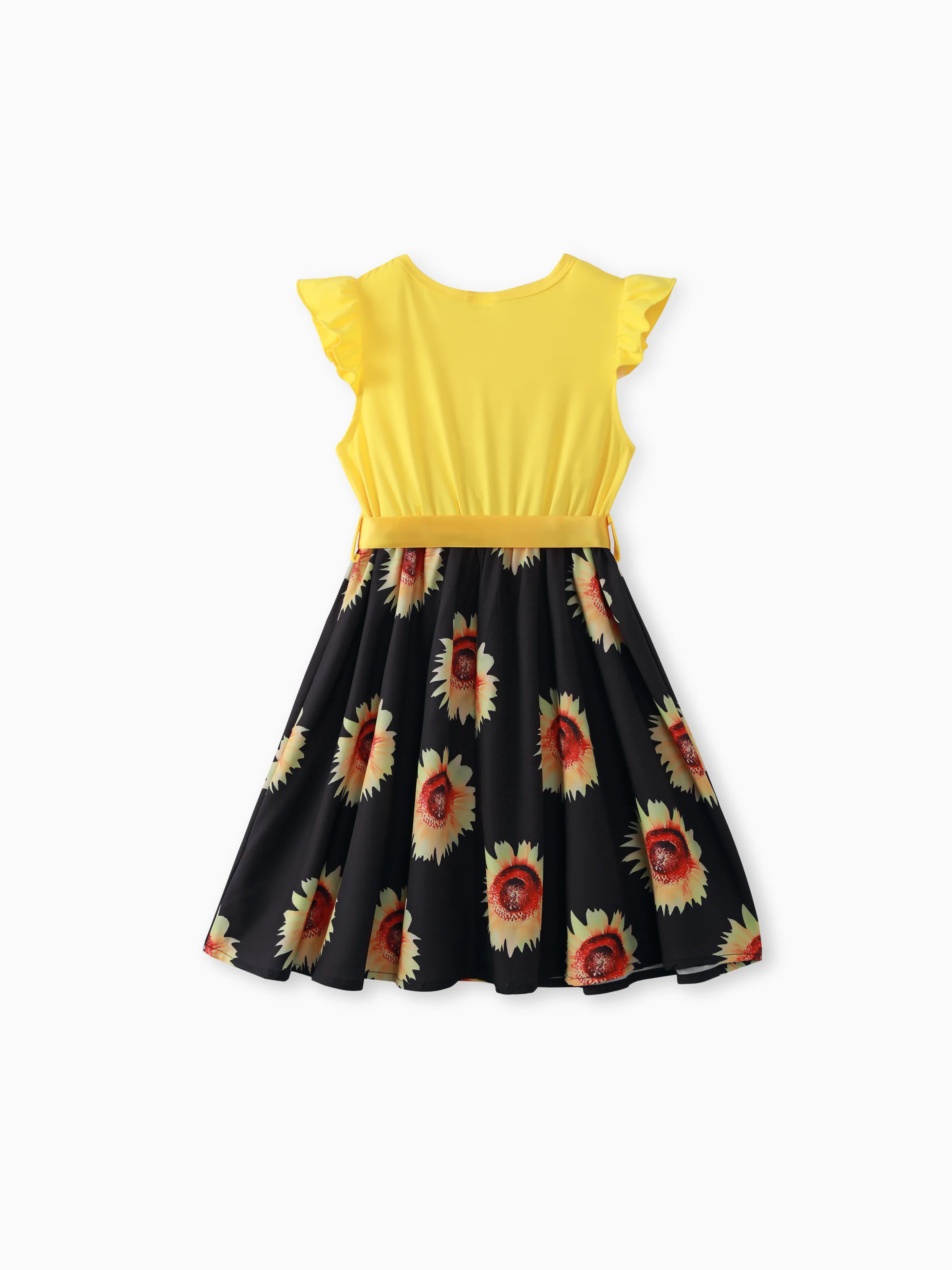 Kid Girl Floral Print Splice Belted Flutter-sleeve Dress Yellow