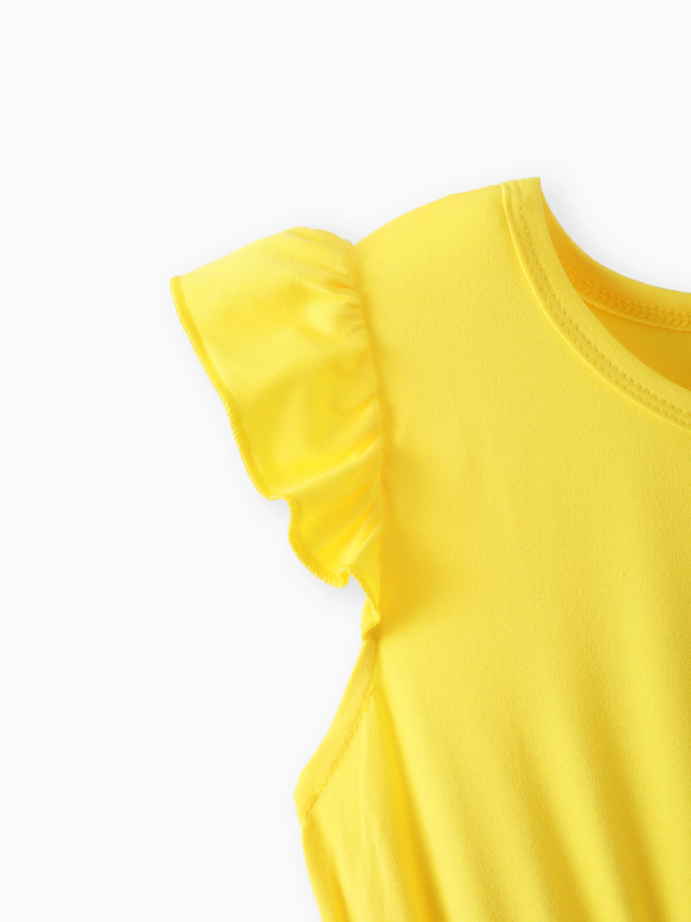 Kid Girl Floral Print Splice Belted Flutter-sleeve Dress Yellow
