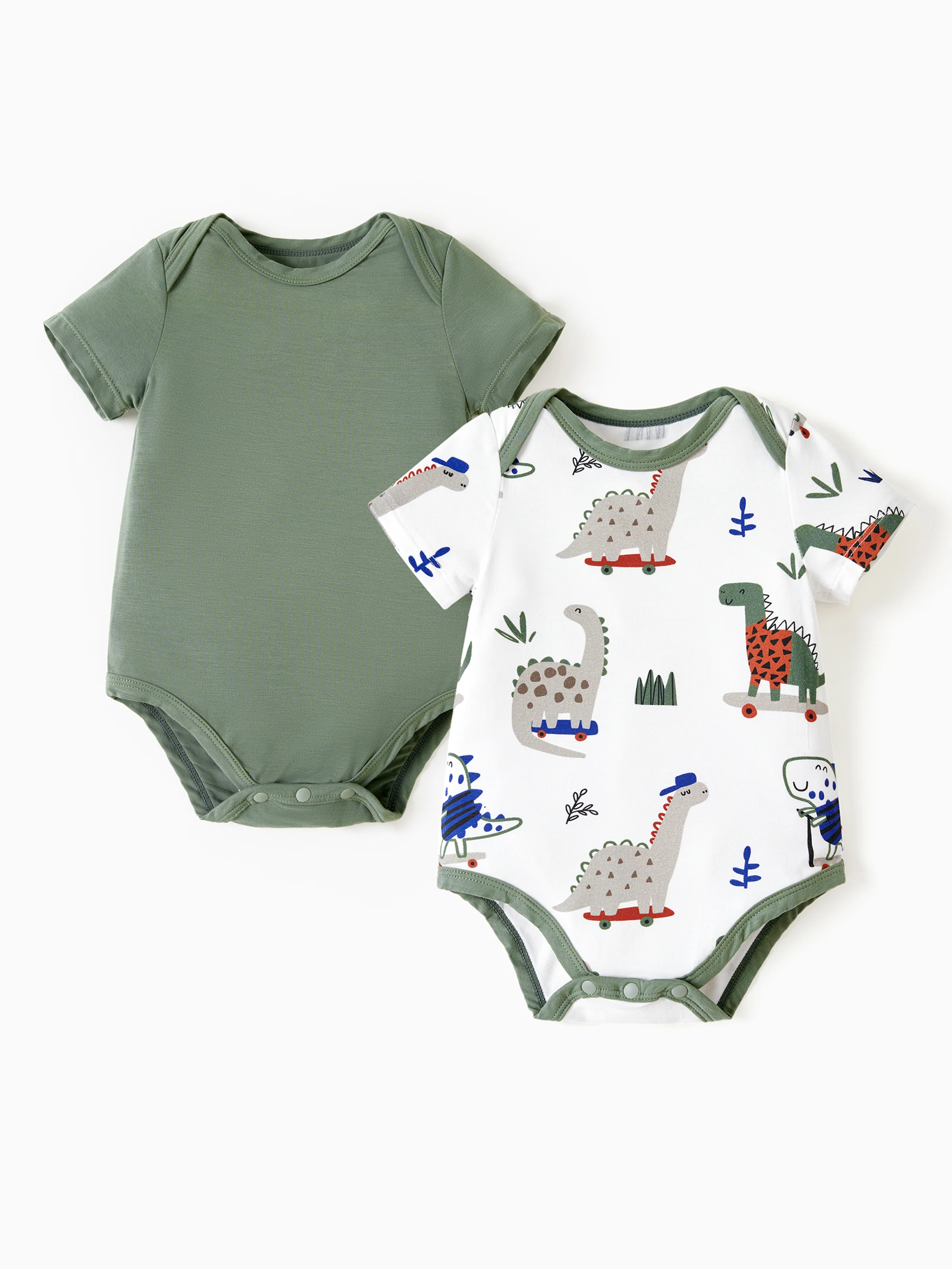 Bamboo Baby Boy/Girl 2-Pack Solid&Printed Rompers Set Green