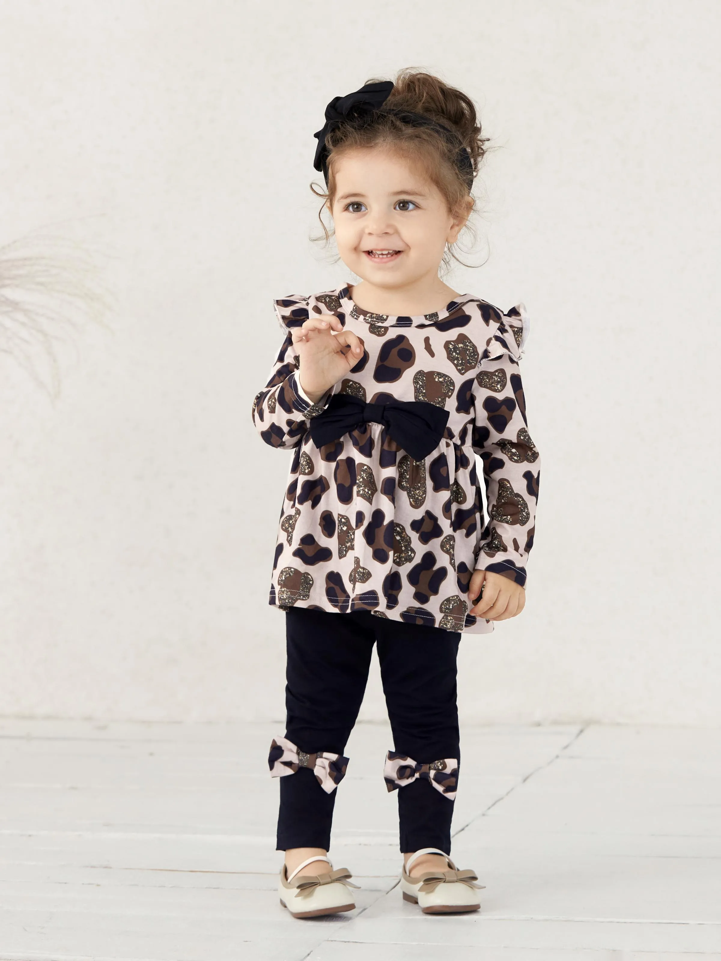 Baby Girl Clothes 3pcs Leopard Ruffle Top and Leggings with Headband Set Apricot