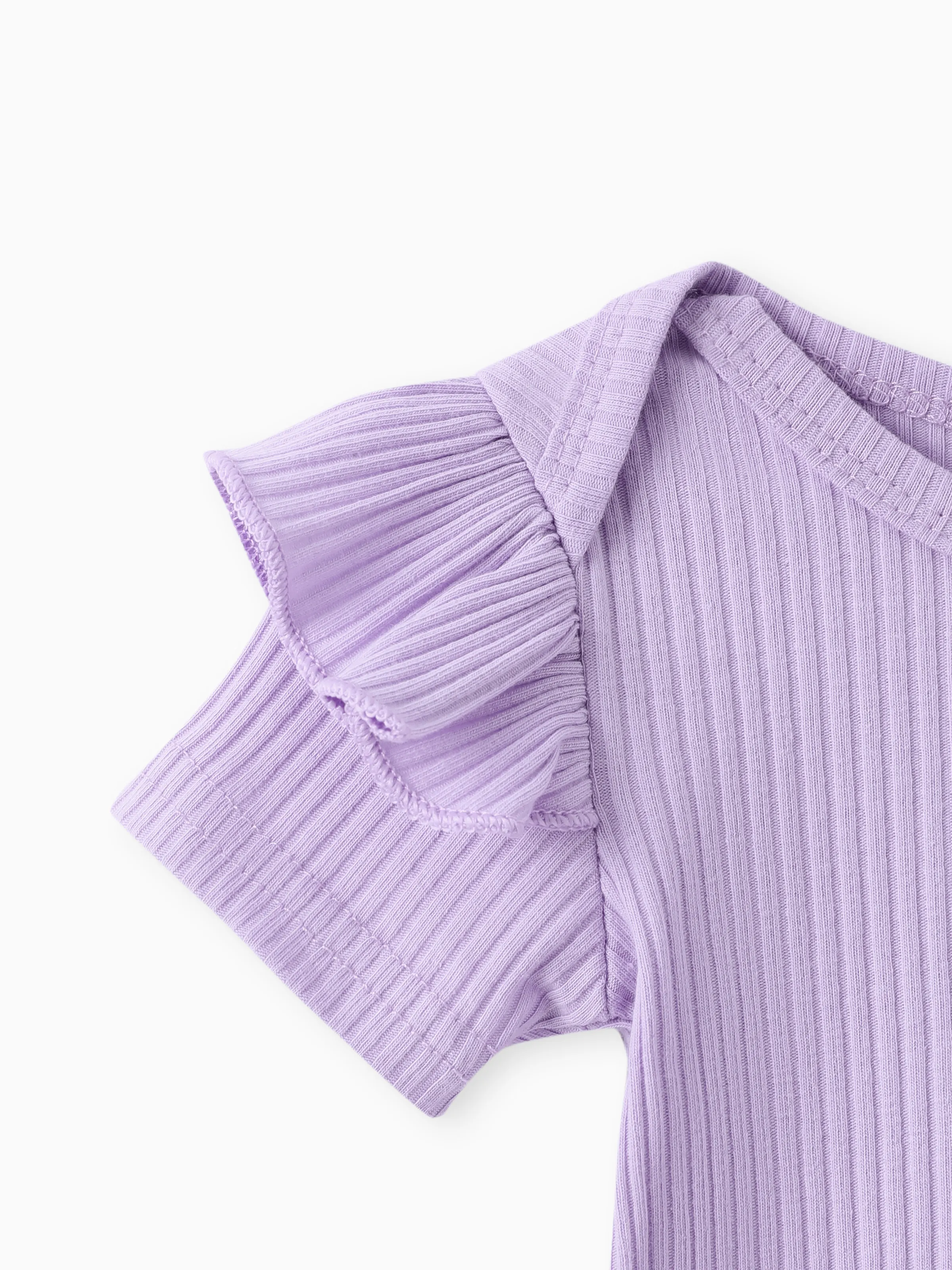 3pcs Baby Girl Ribbed Romper & Belted Shorts & Headband Set Purple