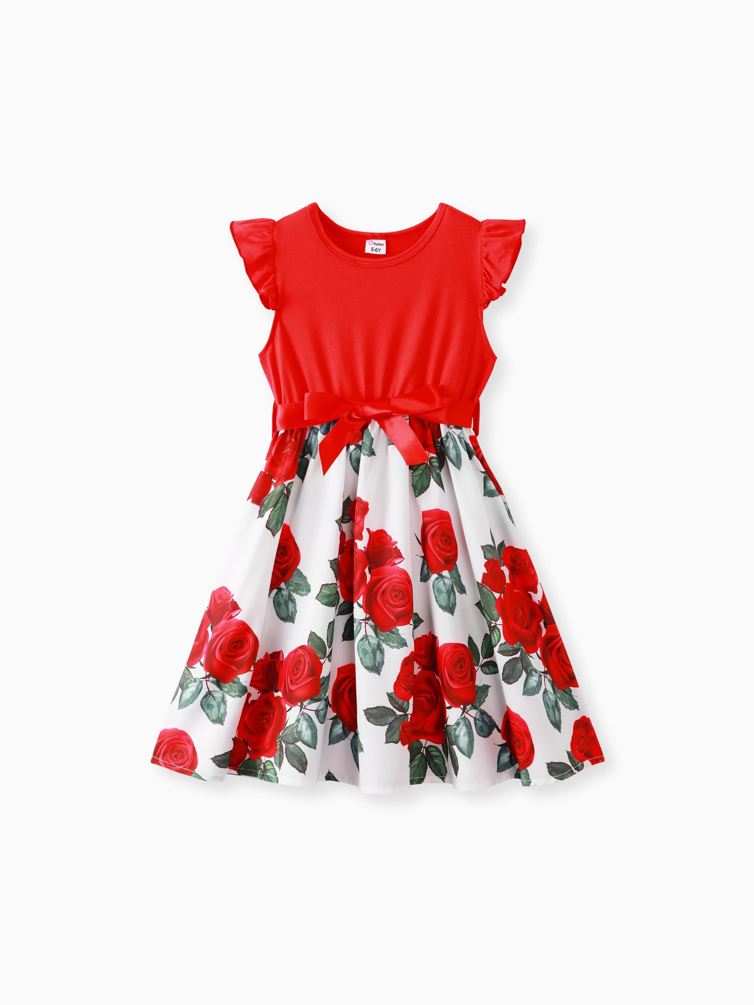 13506-kid-girl-floral-print-splice-belted-flutter-sleeve-dress-red-1.jpg Kid Girl Floral Print Splice Belted Flutter-sleeve Dress Red