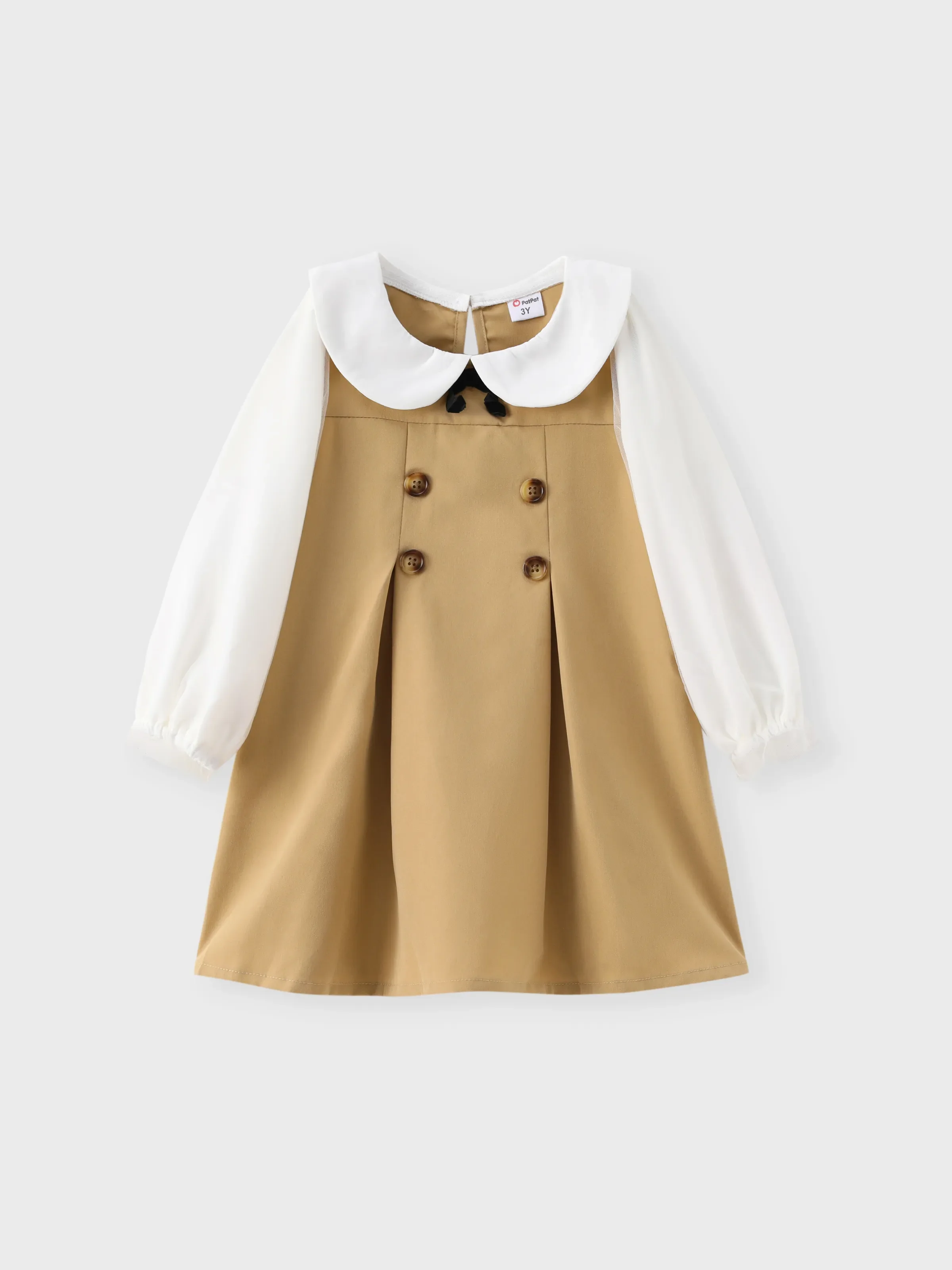 Toddler Girl Doll Collar Bowknot Design Mesh Long-sleeve Khaki Dress Khaki