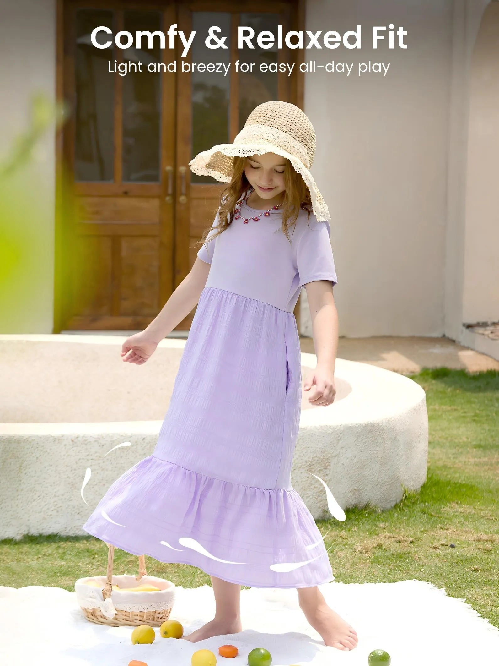 Kid Girl Ruffled Boho Casual Maxi Dress with Pockets Purple