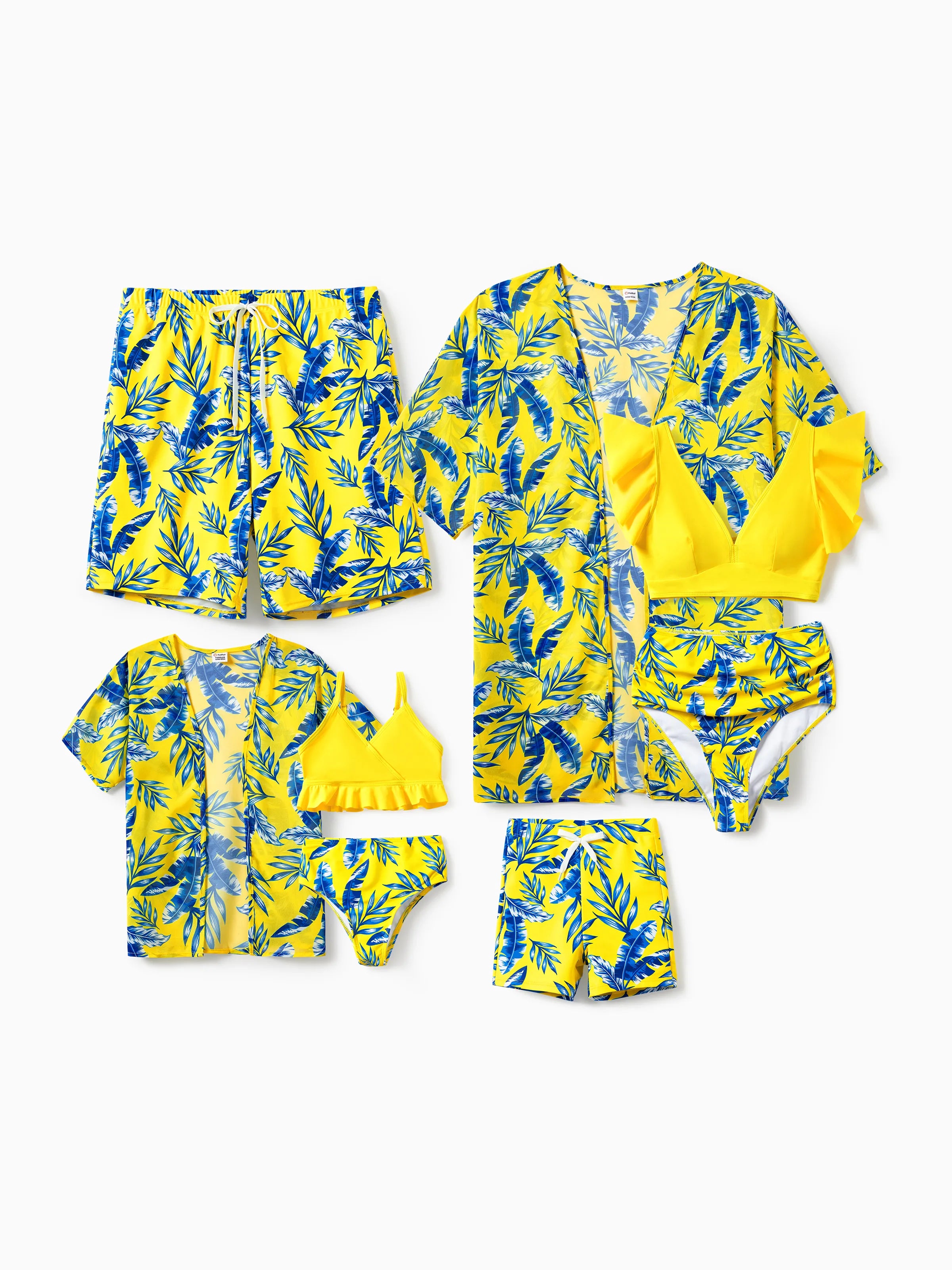 Family Matching Yellow Leaf Print Swim Trunks or Ruched Flutter Sleeve Bikini with Optional Swim Cover Up Yellow
