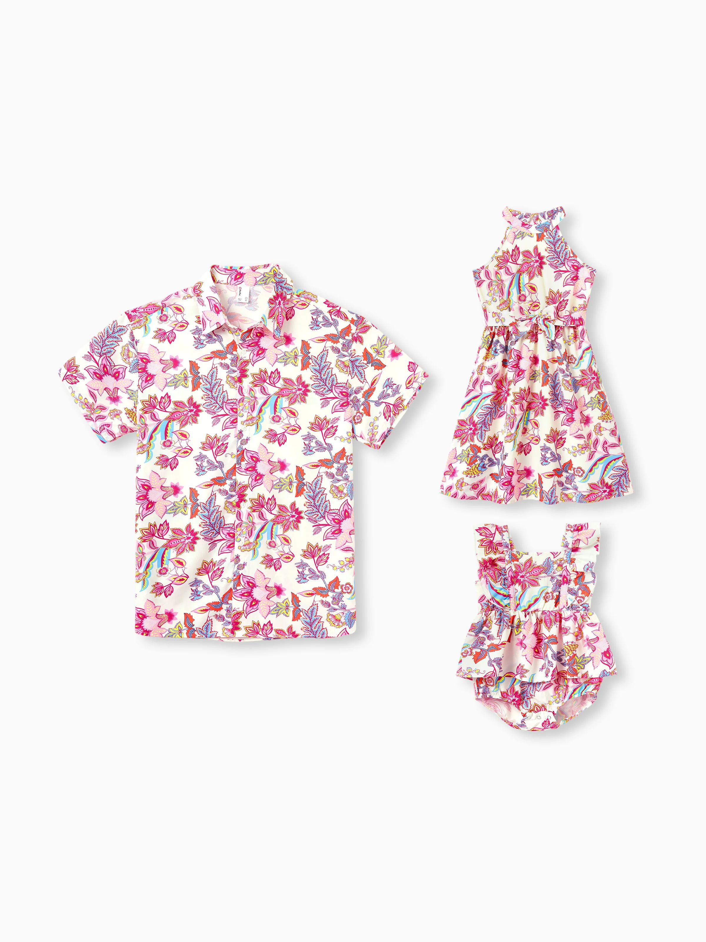 Daddy & Daughter Outfits Set Tropical Flora Print Short-sleeve Collar Shirt or Halter Belted Dress for Summer Vacation Beige