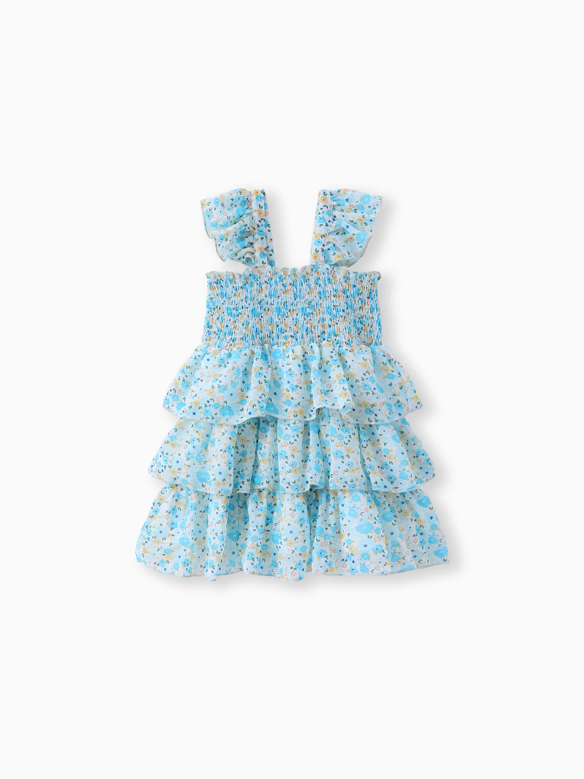 14373-toddler-girl-sweet-floral-print-smocked-ruffled-sleeveless-dress-blue-1.webp Toddler Girl Sweet Floral Print Smocked Ruffled Sleeveless Dress Blue