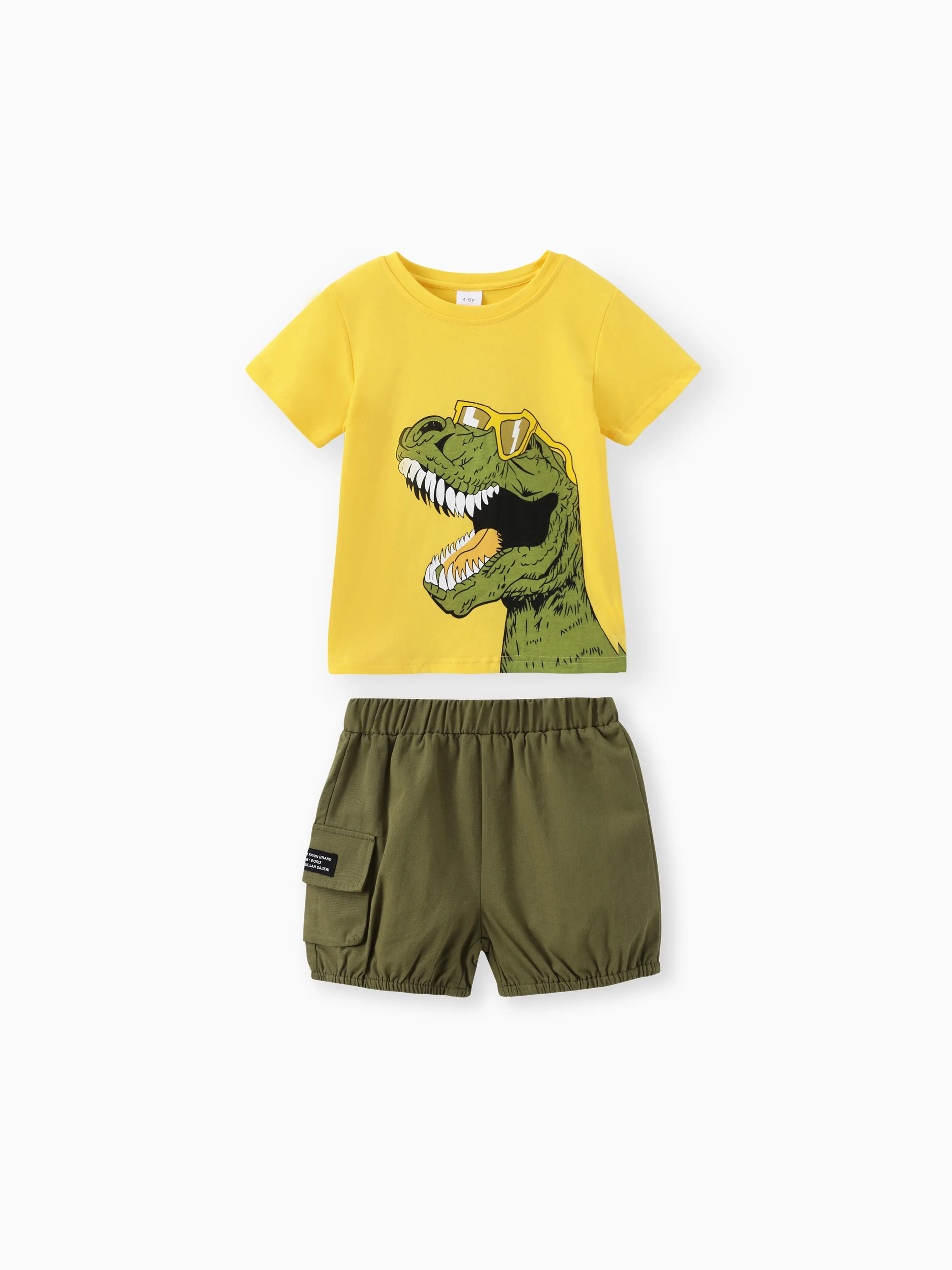 2pcs Toddler Boy Playful Dinosaur Print Tee & Cargo Shorts Set Yellow