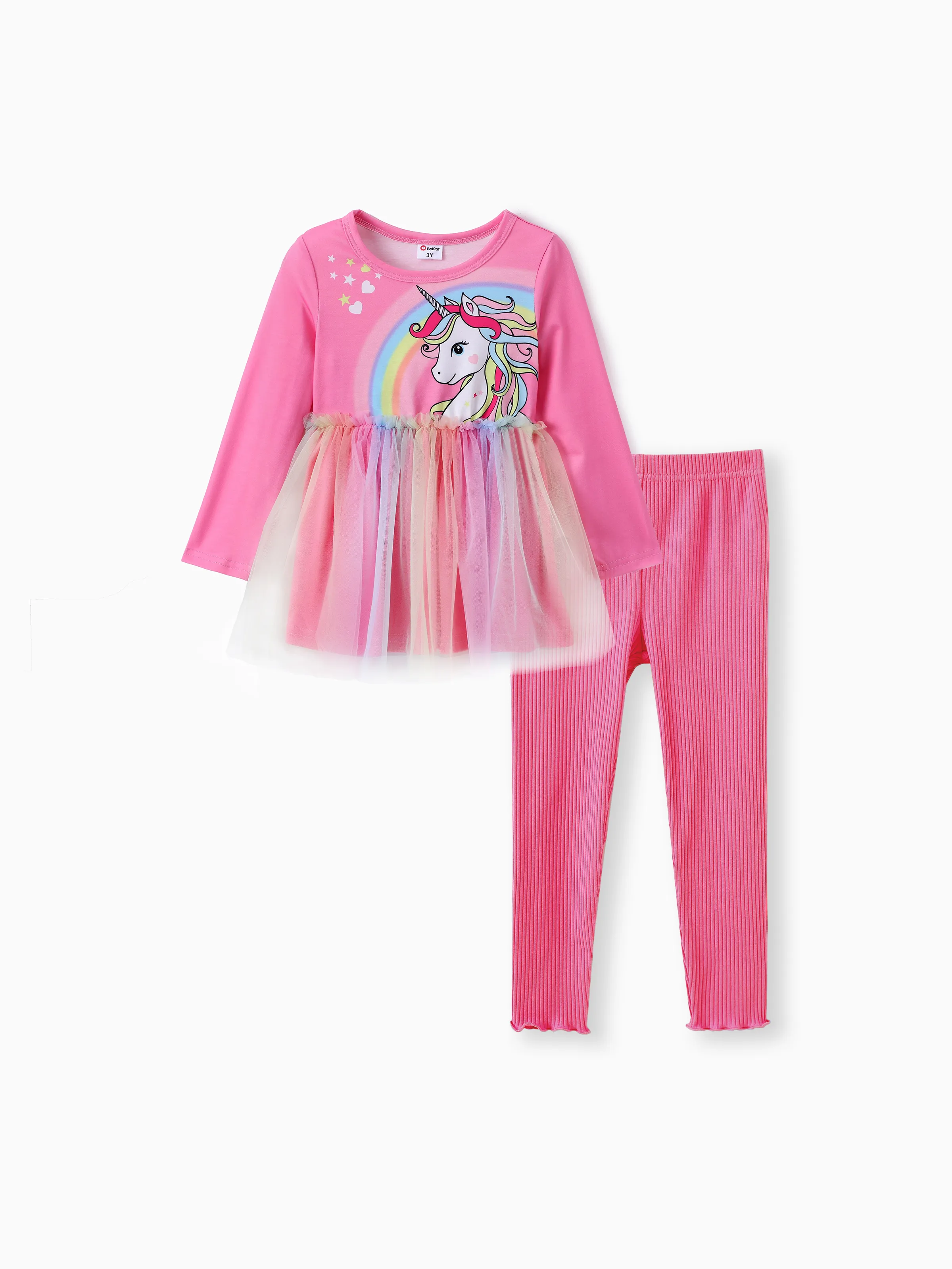 Toddler Girl 2pcs Unicorn Print Mesh Splice Top and Leggings Set Pink
