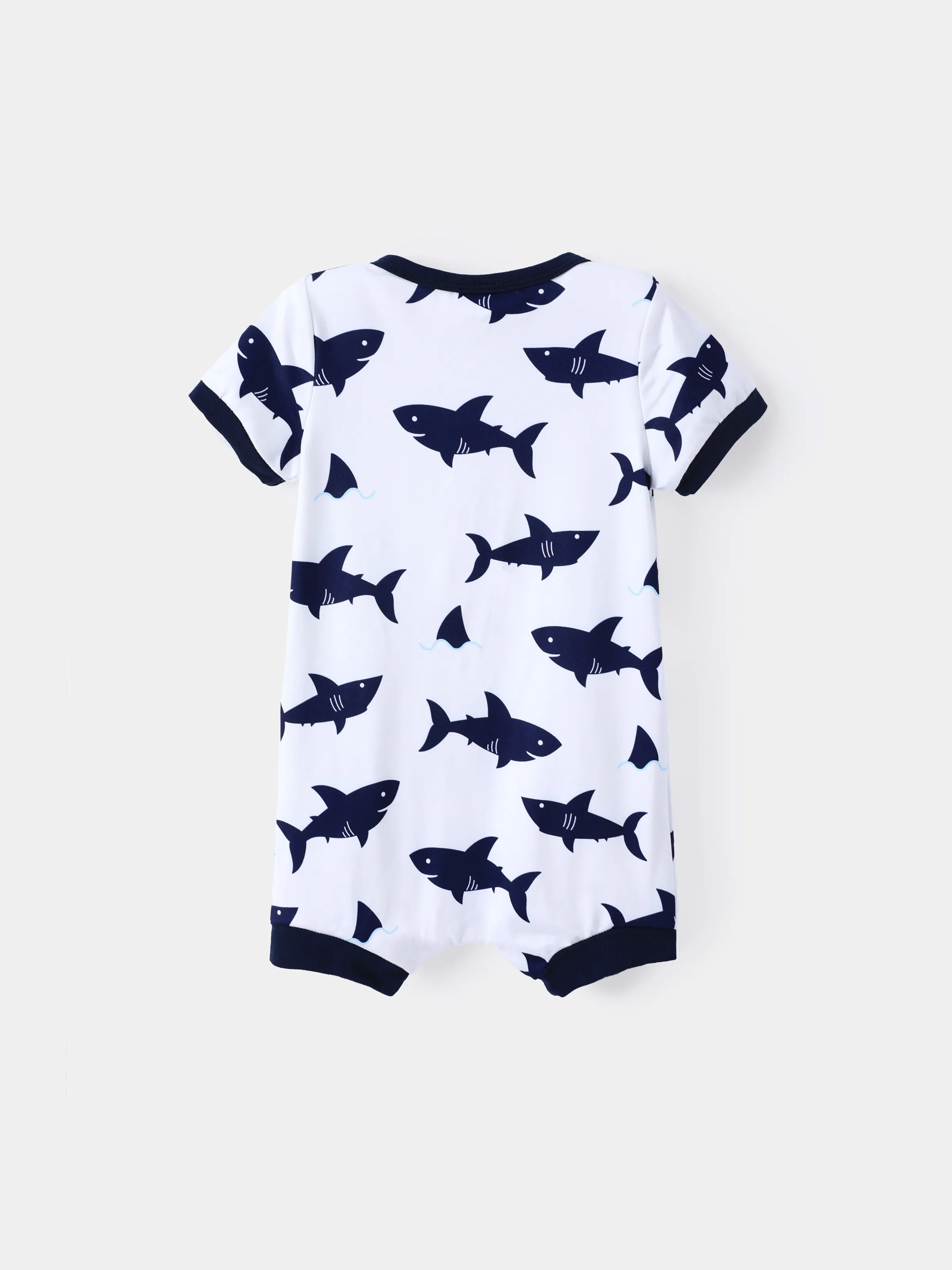 Baby Boy Print/Striped Short-sleeve Snap Romper Dark Blue+white