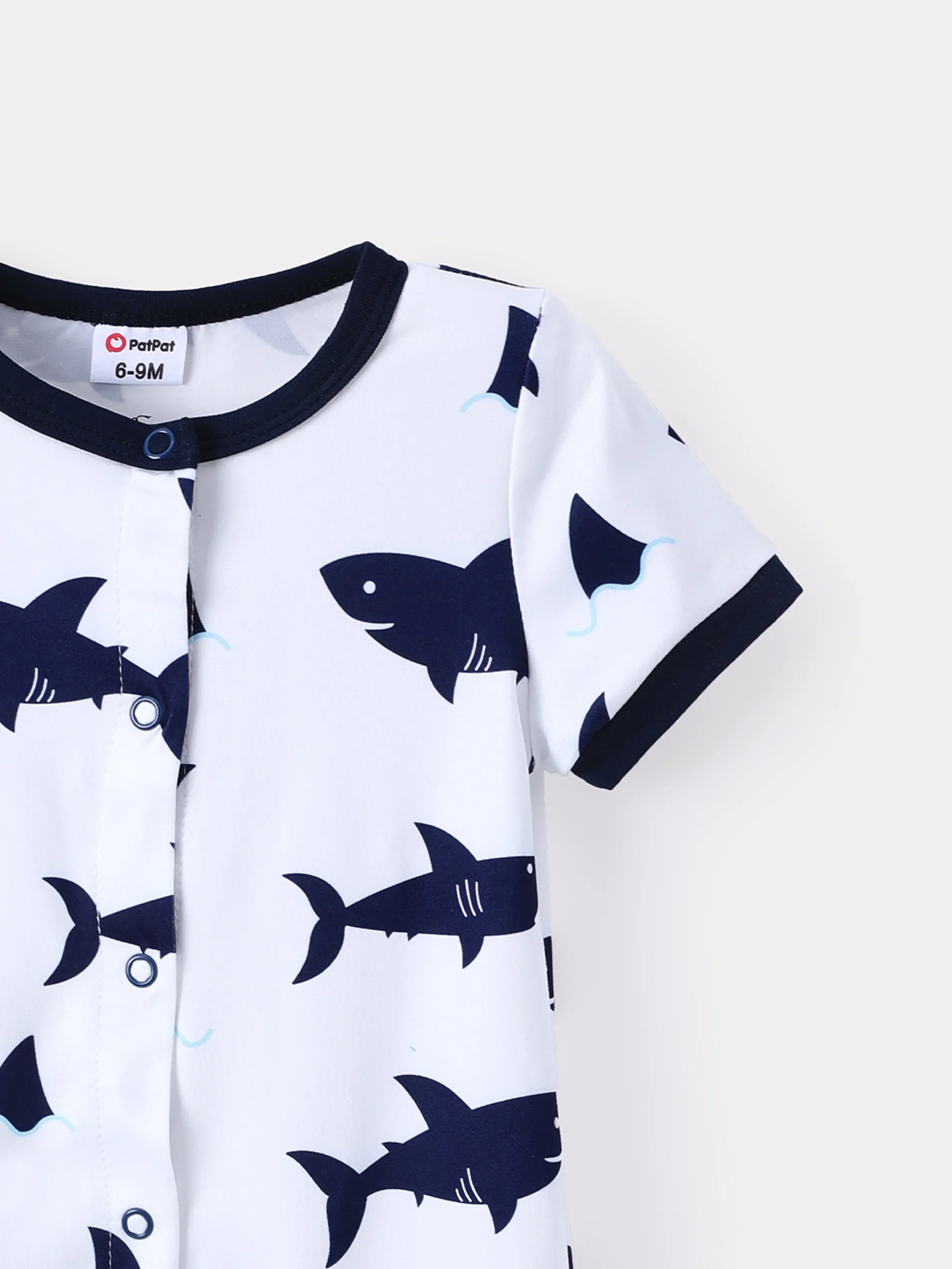 Baby Boy Print/Striped Short-sleeve Snap Romper Dark Blue+white