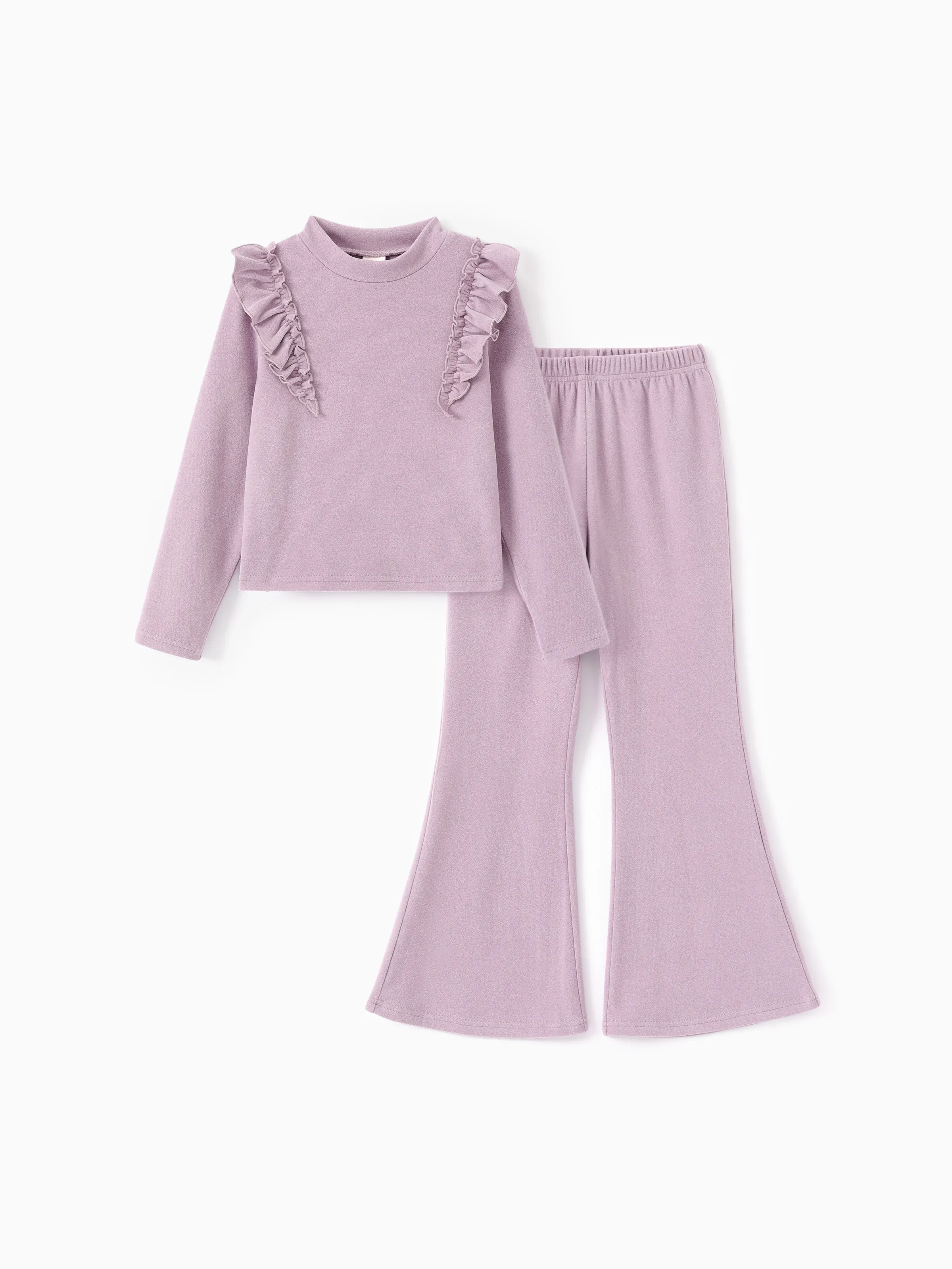Kid Girl 2pcs Ruffled Turtleneck Tee and Flared Pants Set Purple