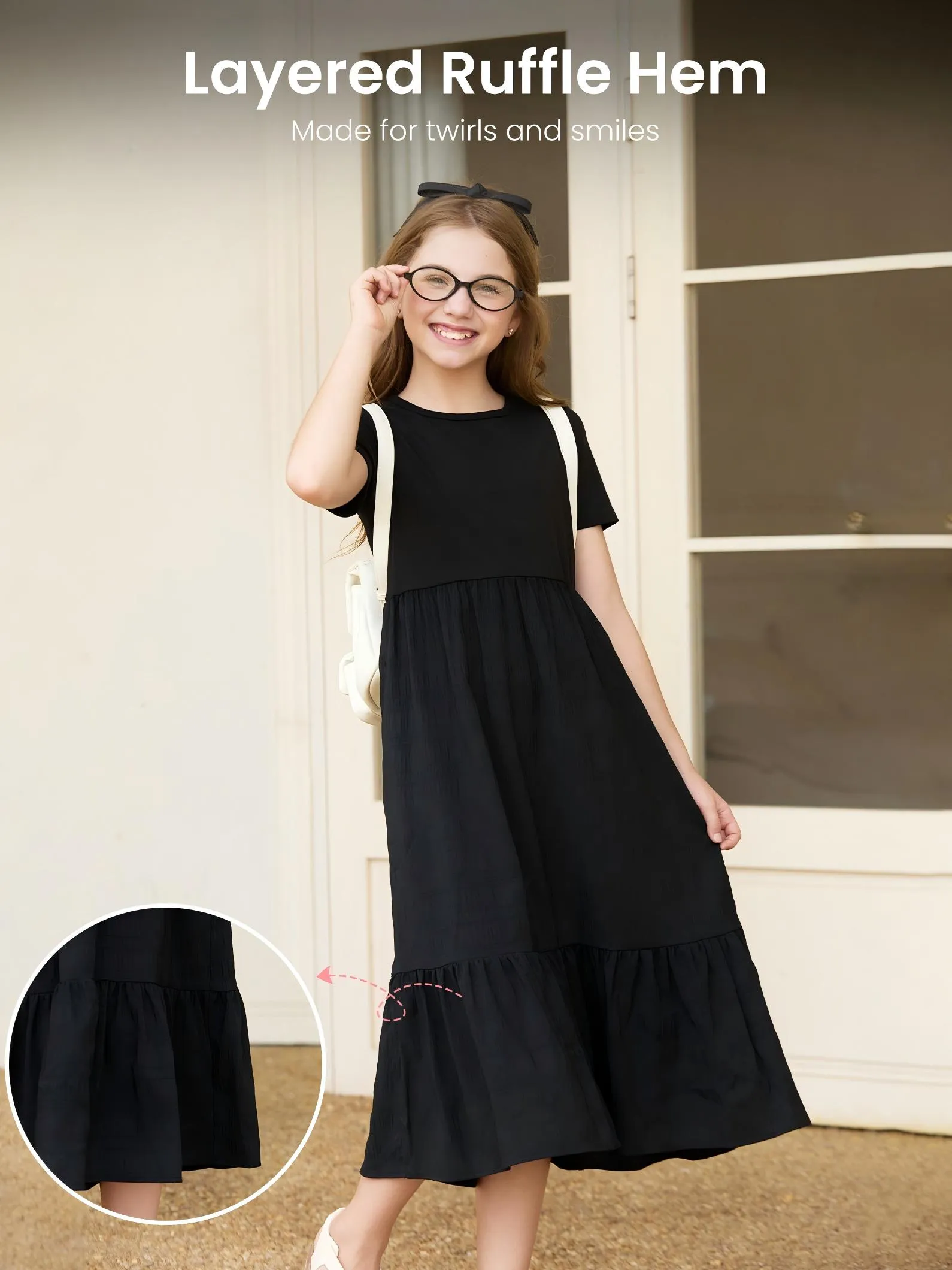 Kid Girl Ruffled Boho Casual Maxi Dress with Pockets Black