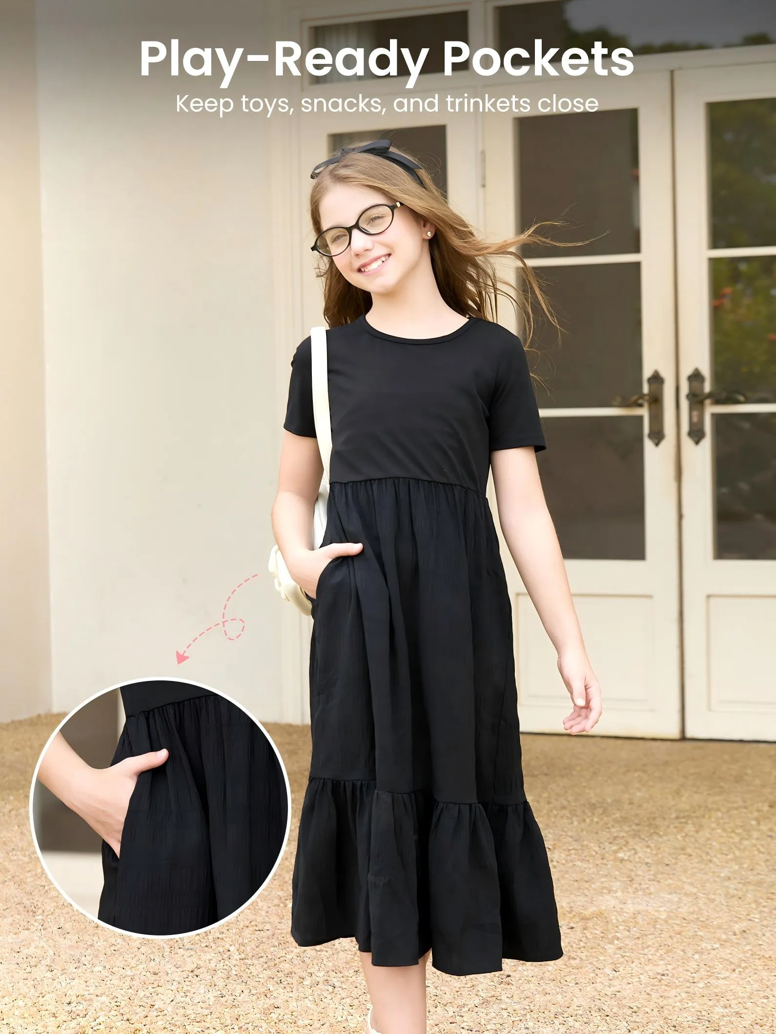 Kid Girl Ruffled Boho Casual Maxi Dress with Pockets Black