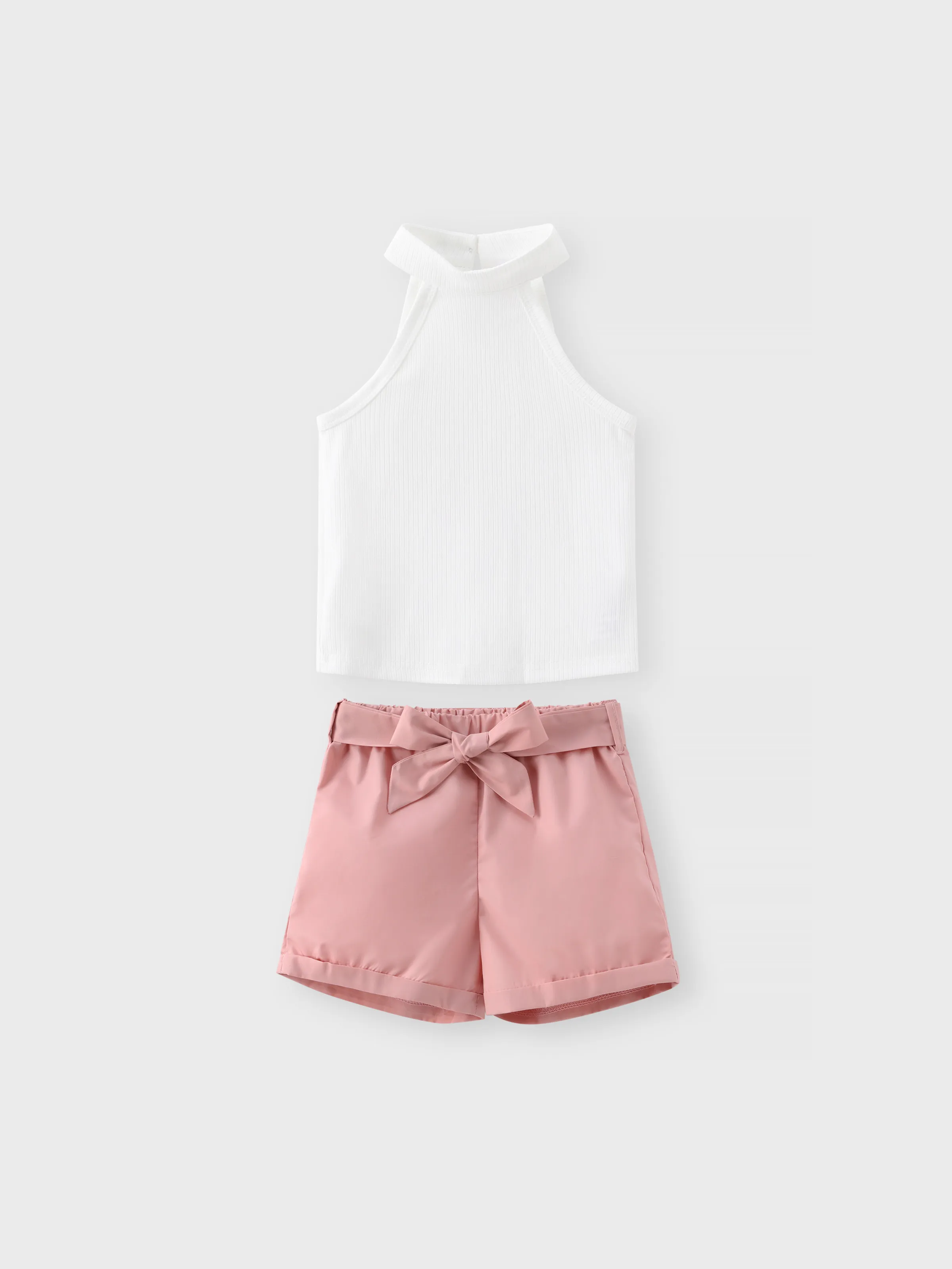 2pcs Toddler Girl Ribbed Halter Tank Top and Belted Shorts Set White