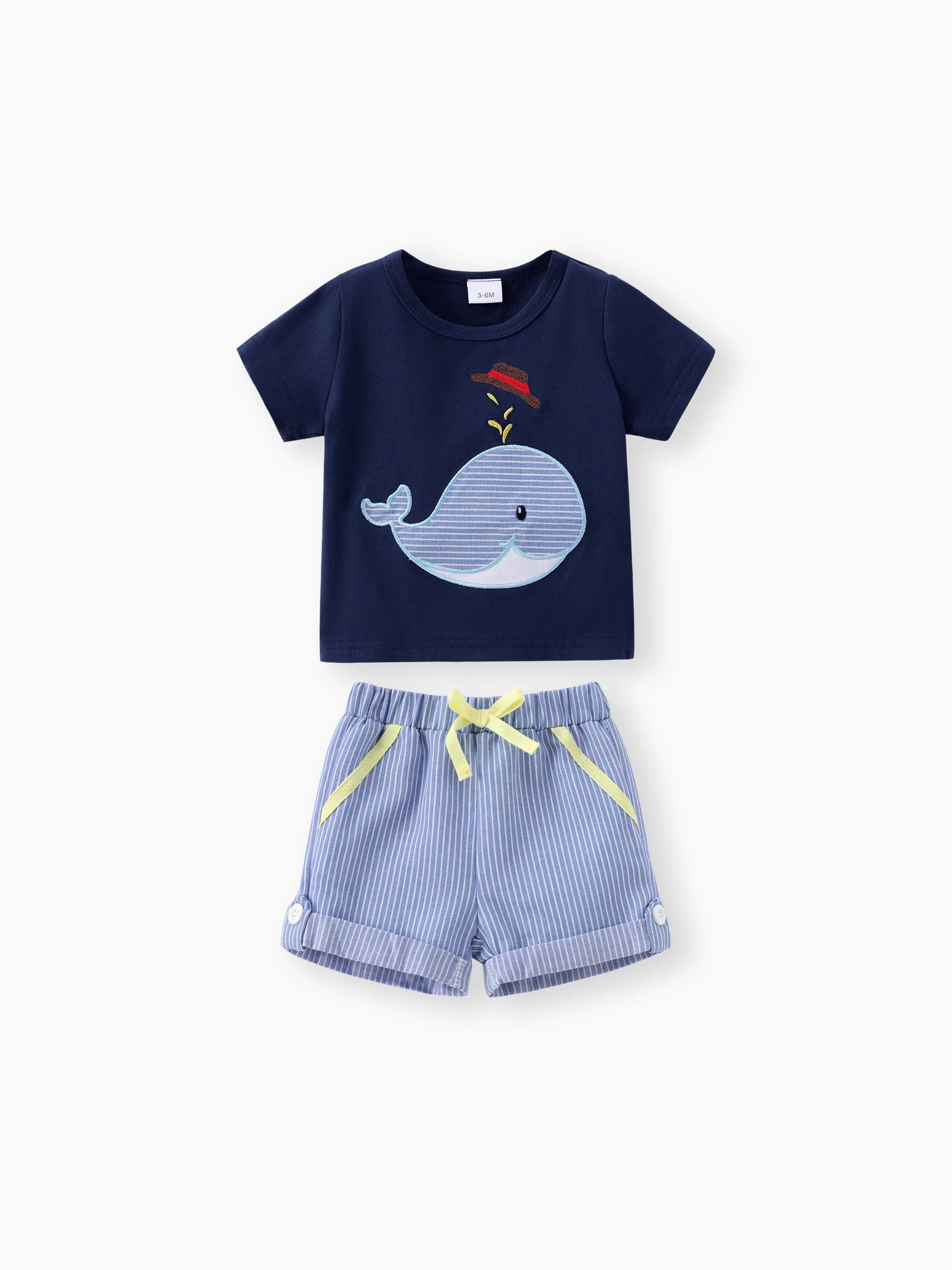 2pcs Baby Boy Whale Pattern Embroidery Short Sleeve Set Dark Blue