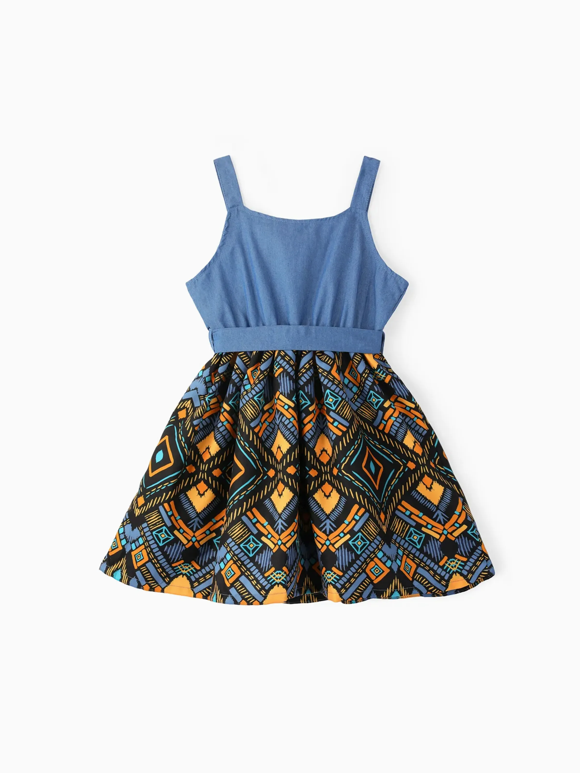 Toddler Girl Boho Exotic Graphic Splice Belted Slip Dress Light Blue