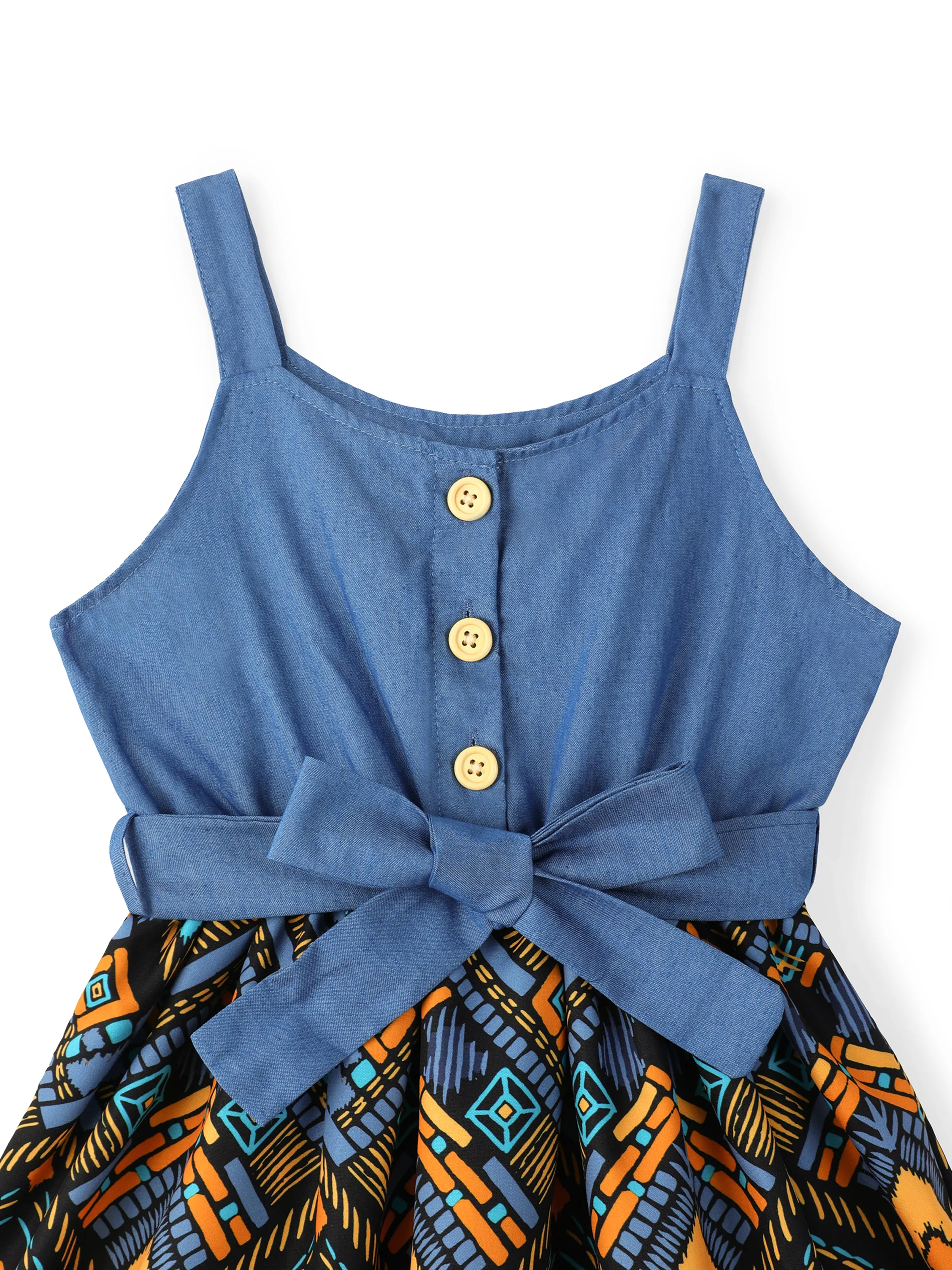 Toddler Girl Boho Exotic Graphic Splice Belted Slip Dress Light Blue