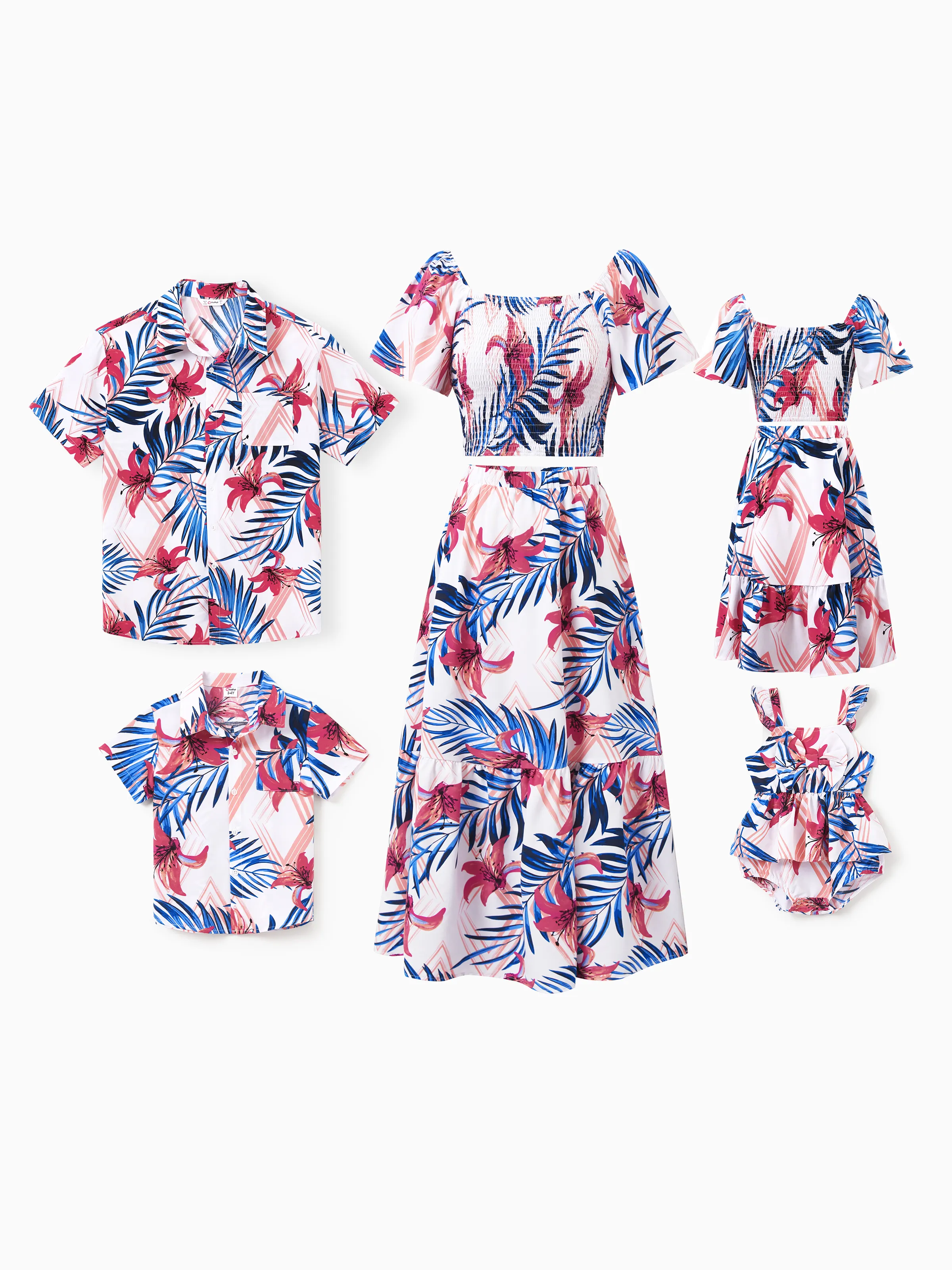 1623-tropical-floral-family-matching-outfits-pink-blue-leaf-print-short-sleeve-shirt-or-one-shoulder-smocked-top-and-skirt-co-ord-set-for-vacation-cruise-b-1.webp Tropical Floral Family Matching Outfits Pink Blue Leaf Print Short-sleeve Shirt or One Shoulder Smocked top and Skirt Co-ord Set for Vacation, Cruise, Beach White