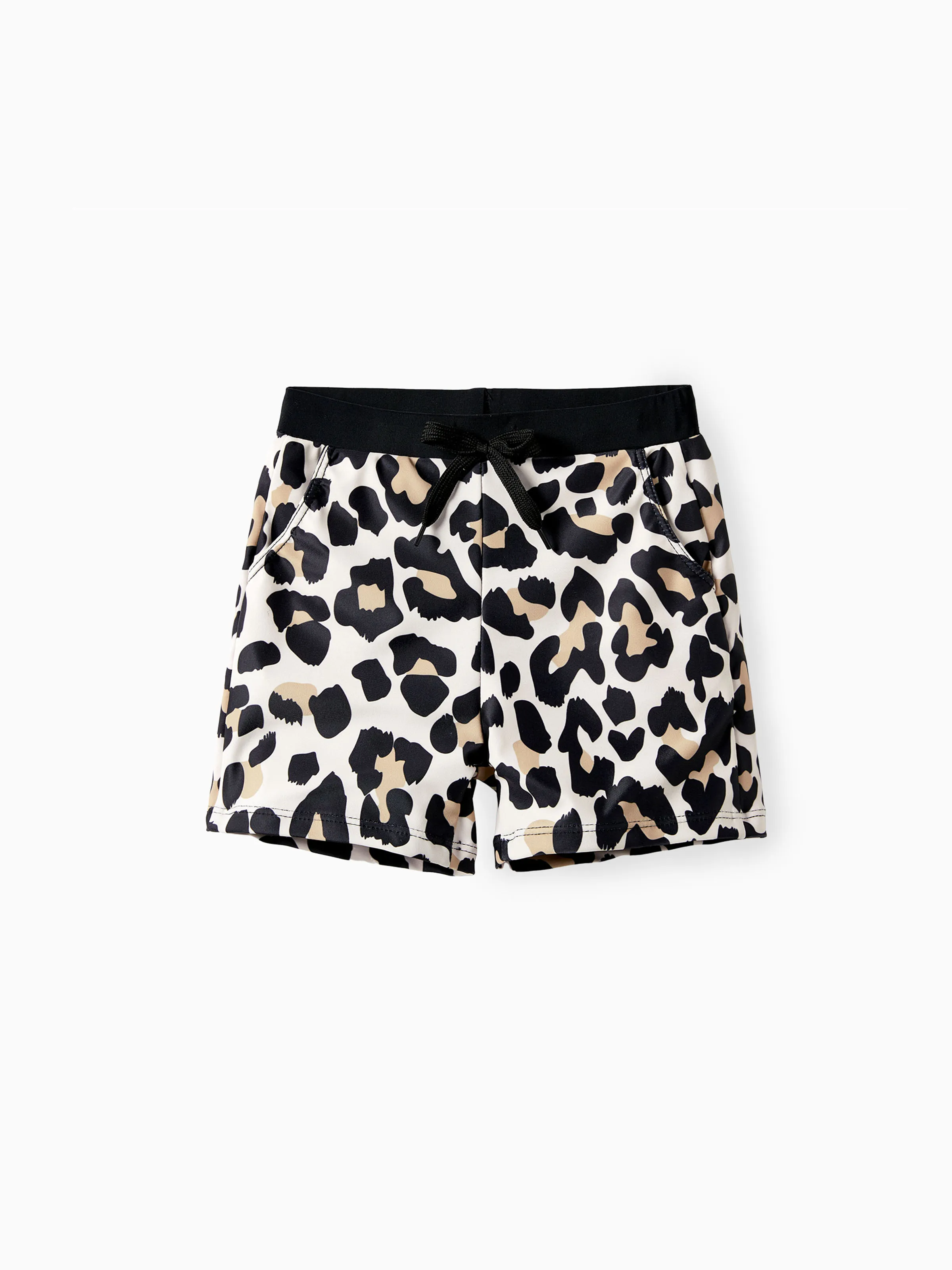 Daddy & Son Leopard Pattern Drawstring Swim Trunks Black