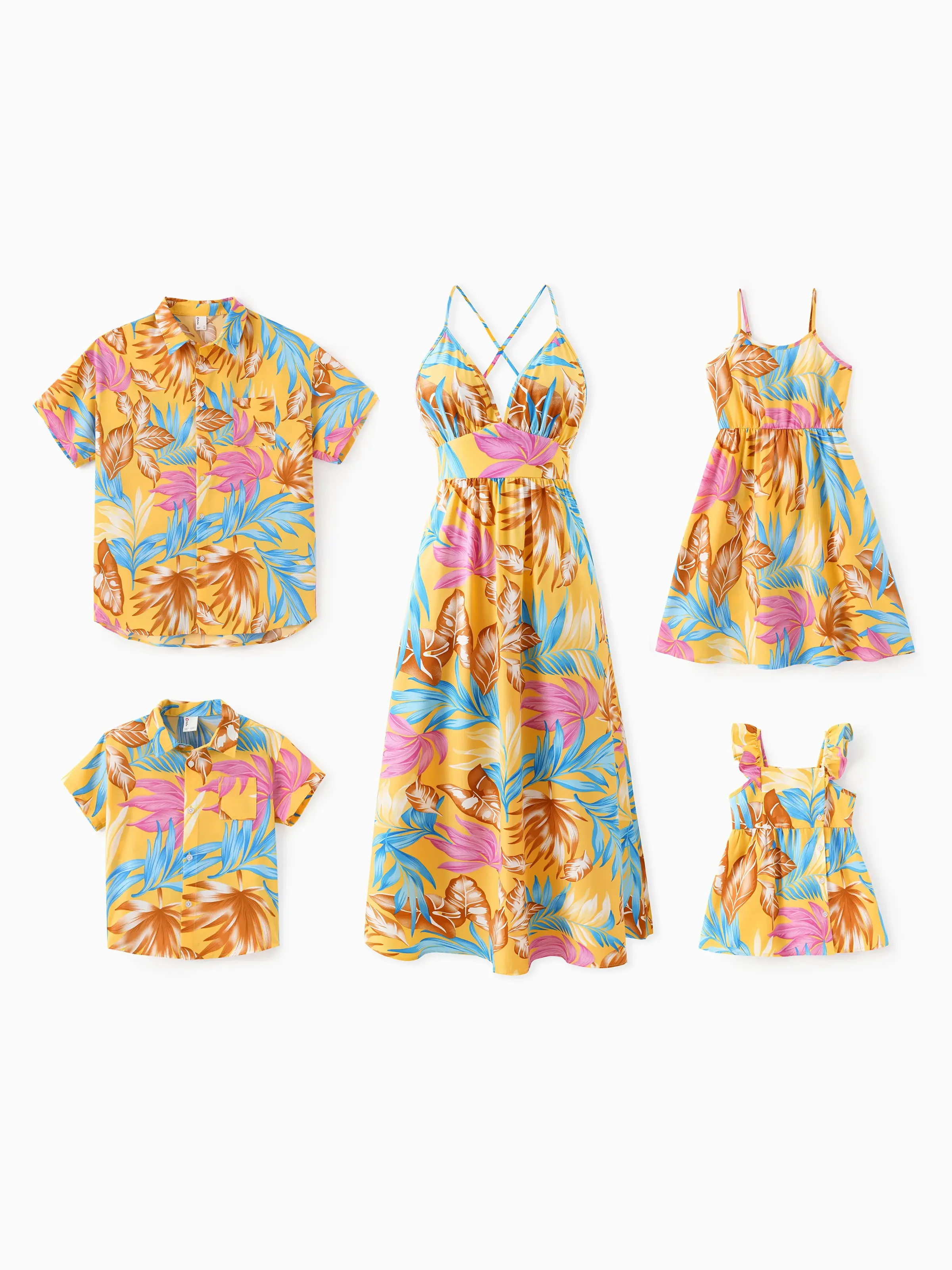 Toddler/Kid Girl Yellow Set Tropical Leaf Print Strap Dress  Yellow