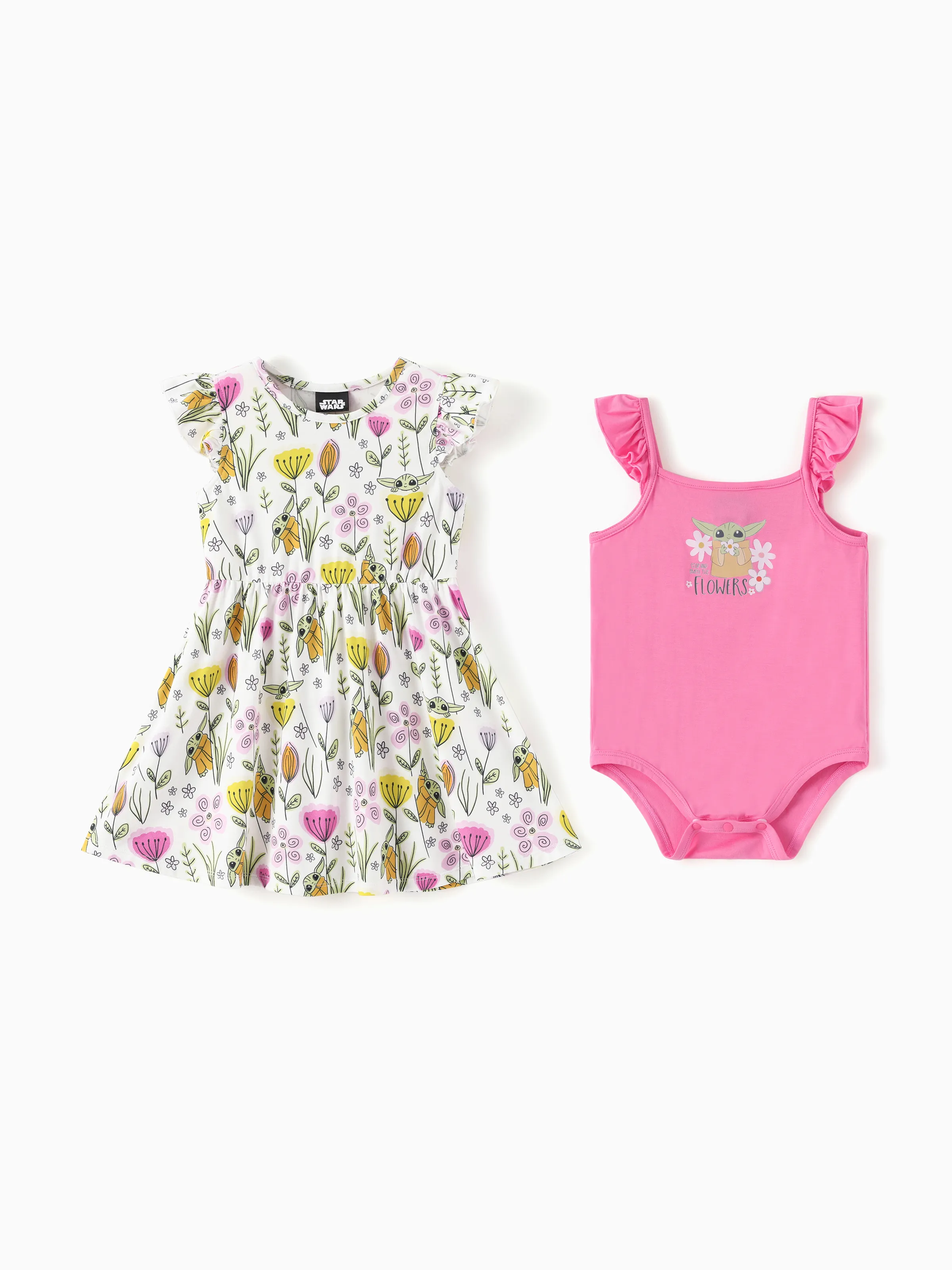 Star Wars Baby Girl Grogu Smocked Bodice Allover Print Dress/Bodysuit Hot Pink
